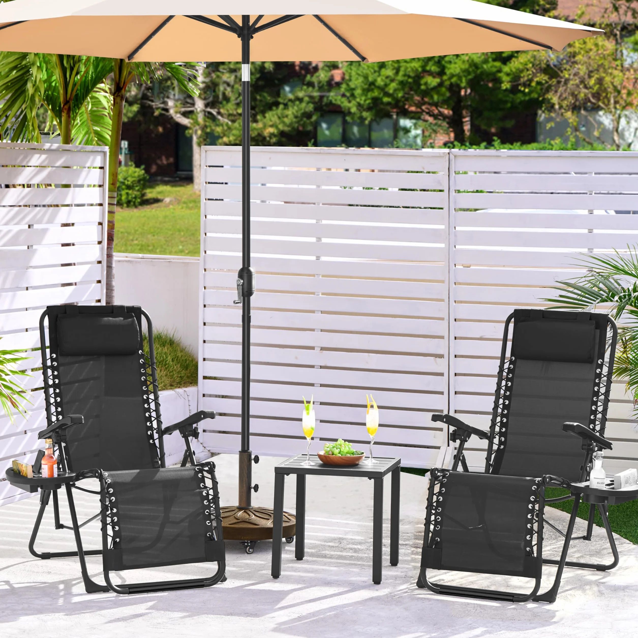 Transat en Textilène avec Plateau Amovible, Lot de 2 Chaise Longue Pliante Zéro Gravité Inclinable, Fauteuil Relax pour Bain de Soleil, Charge 114kg Noir