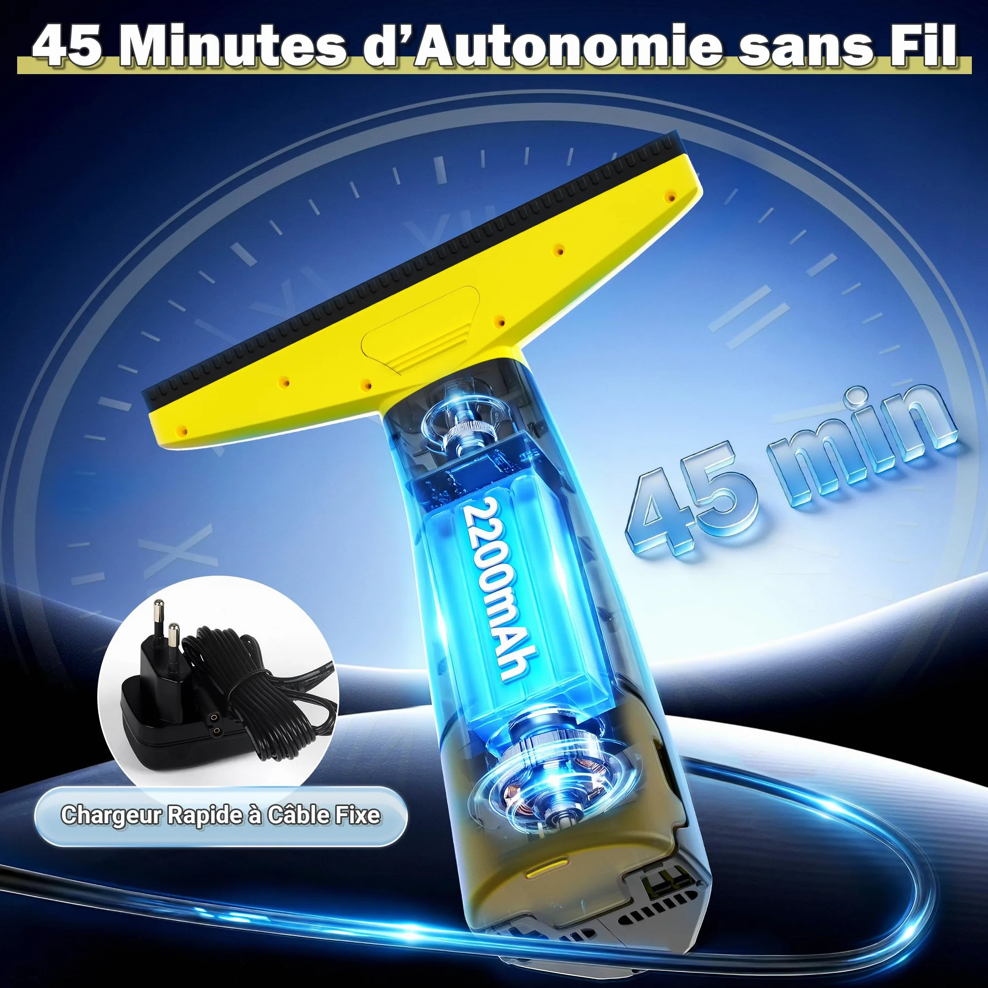 Eave Nettoyeur Vitre, Kit Nettoyeurs de Vitres Sans Fil avec Autonomie de 45 min, Lave Vitre Electrique avec Raclettes de 28cm & Réservoir de 200ml, Adapté aux Vitres, Carrelages & Miroirs (jaune)