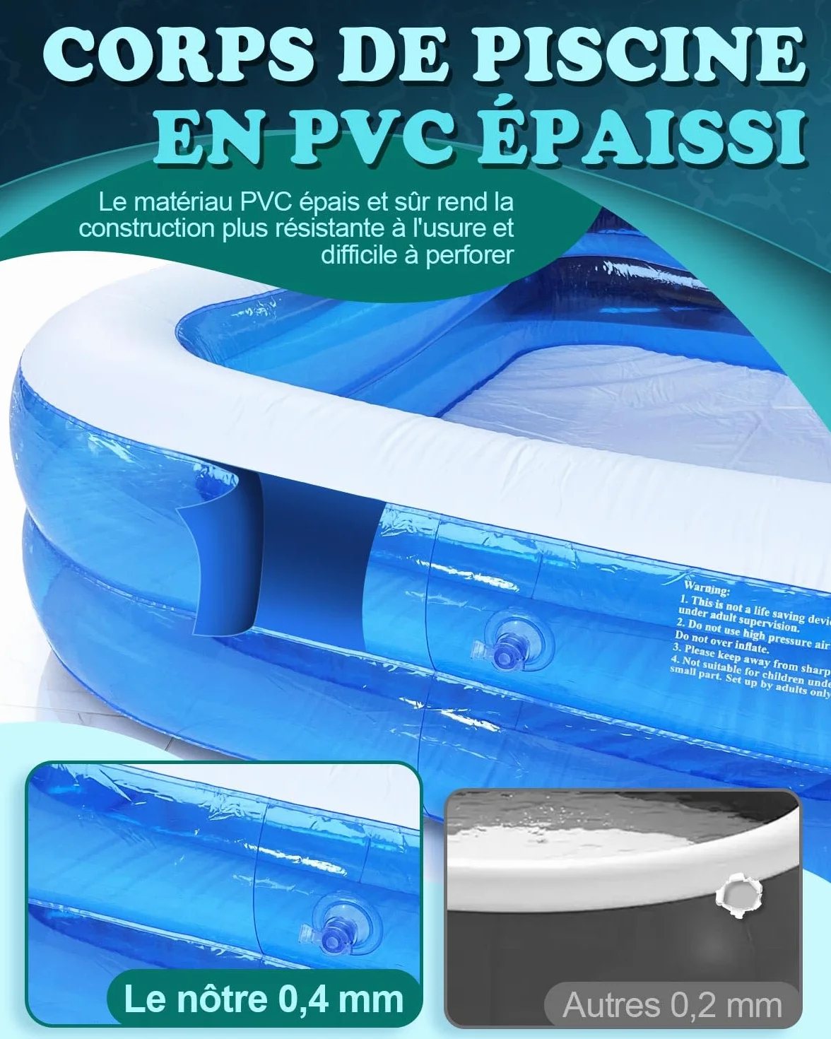 Piscine Gonflable Rectangulaire 200 x 150 x 50 cm PVC Épais Résistant Double Couche Enfant Adulte Jardin