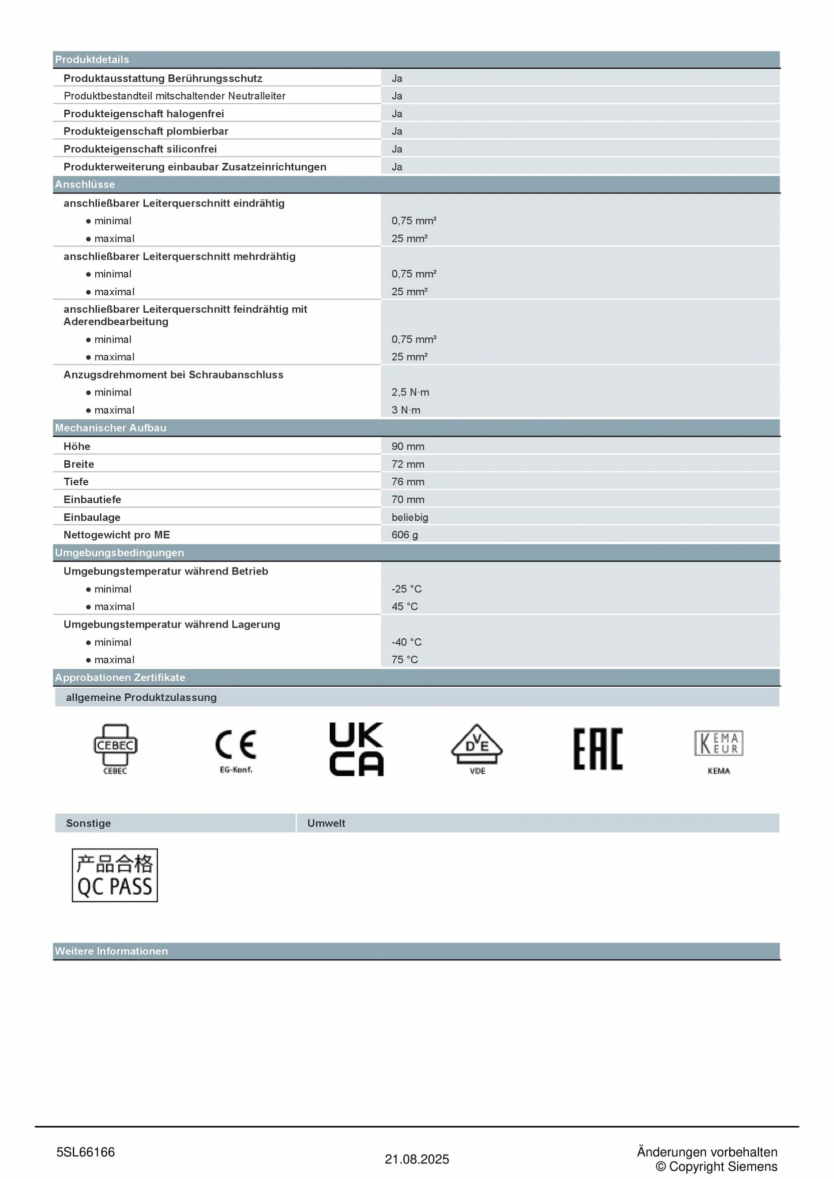 Siemens 5sl6 – Automatique magnetotermico 400 V 6 kA 3 pôles + neutre b 16 a