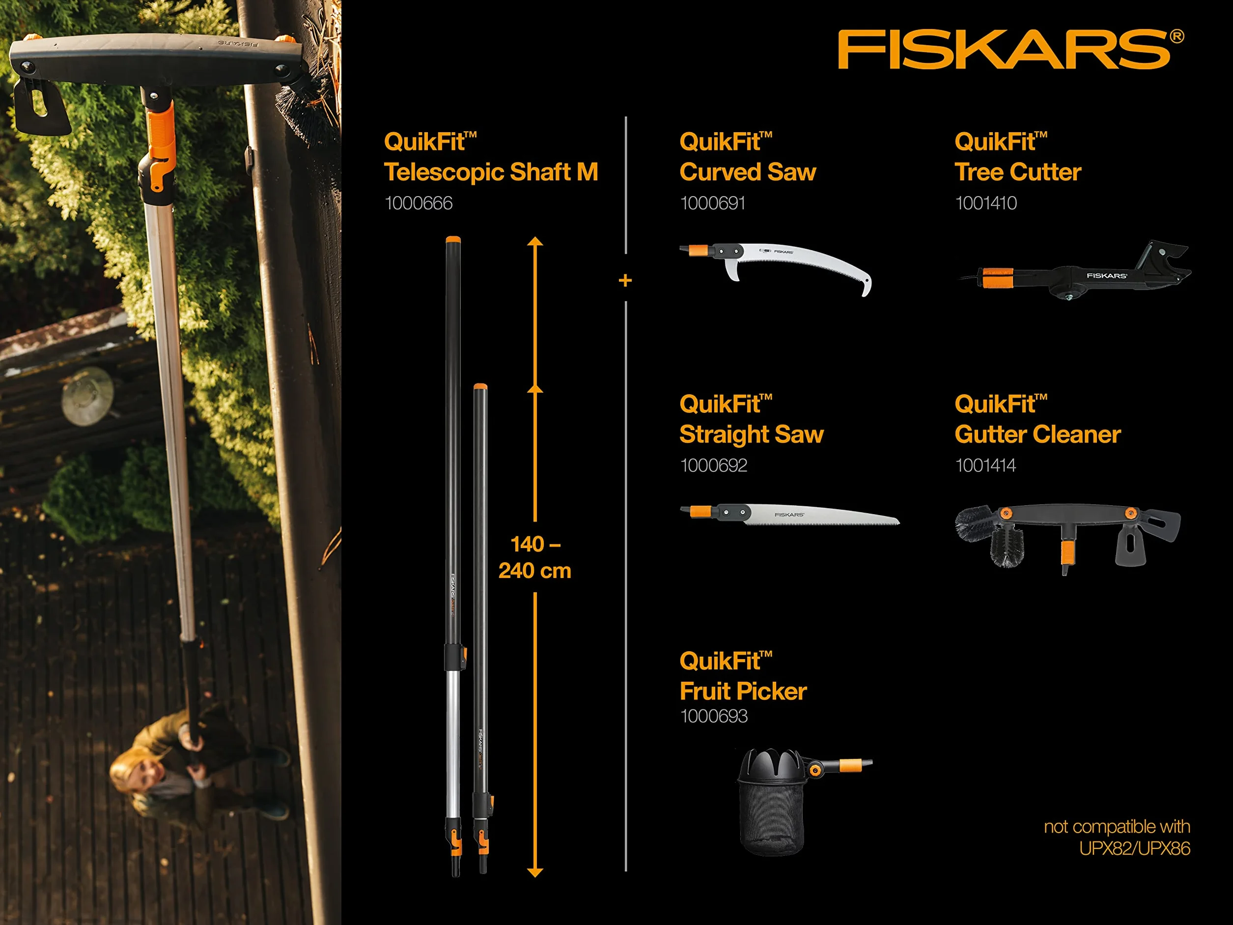 Fiskars Nettoyeur de gouttière, Avec grattoir et brosse ajustables, Tête d'outil QuikFit, Largeur: 4,5 cm, Noir/Orange, QuikFit, 1001414