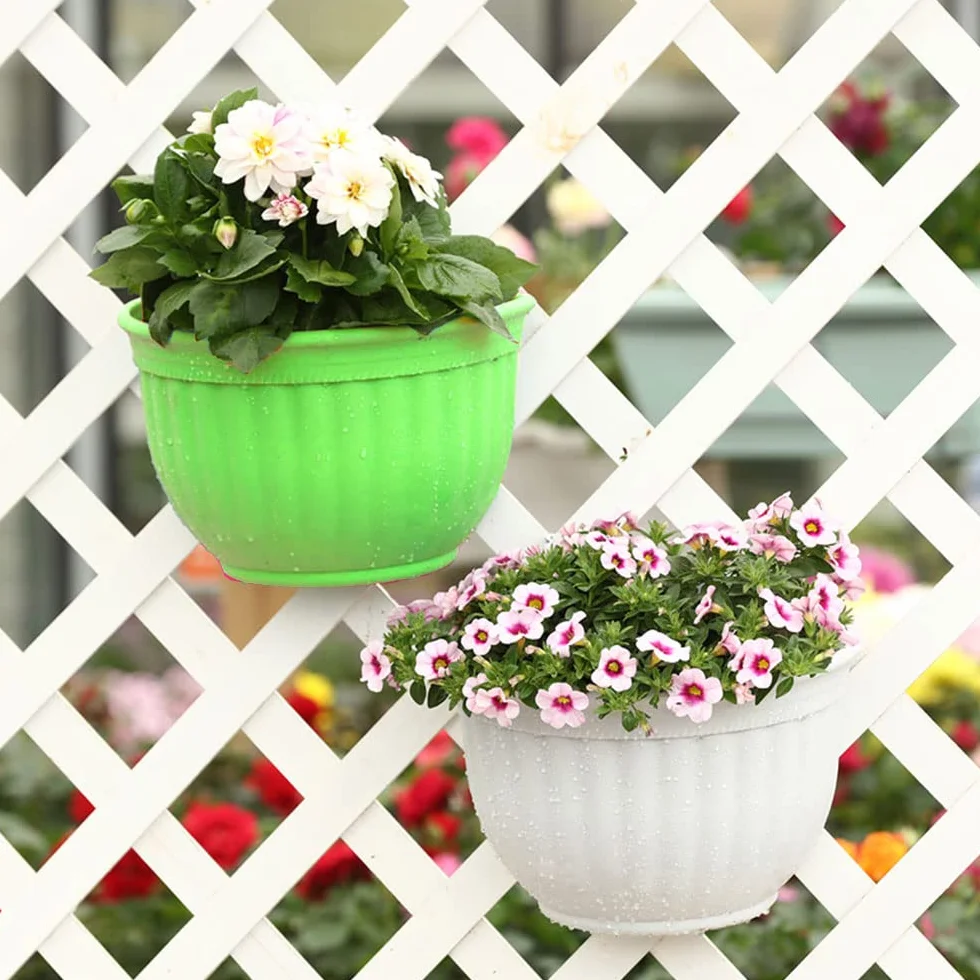 Pots de fleurs à suspendre en plastique avec drainage et crochets, lot de 2, vert