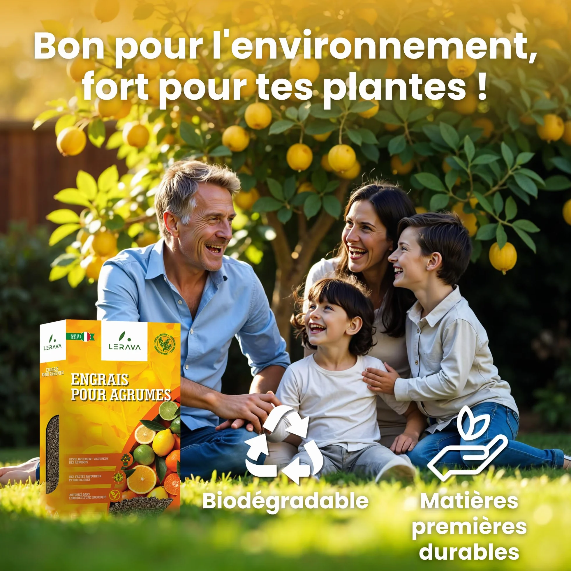 LERAVA Engrais Bio Agrumes 800g - Nutrition Naturelle Citronnier Pot - Croissance Vigoureuse Saveur Intense - Bouchon Distributeur - 100% Made in Italy