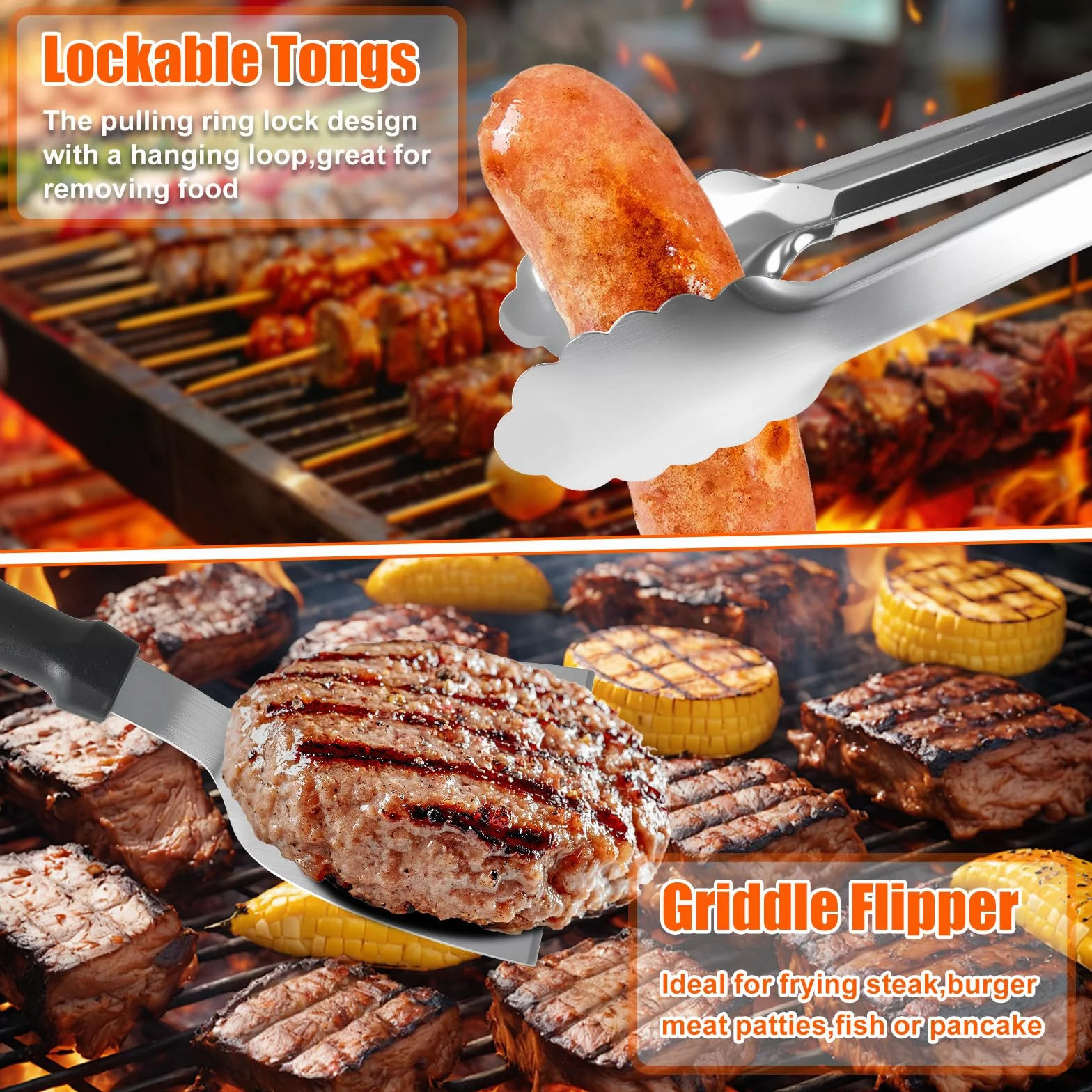 JUAUO Kit 27 Accessoires Plancha Barbecue Acier Inoxydable Inclut Presse à Steak Spatules Sac