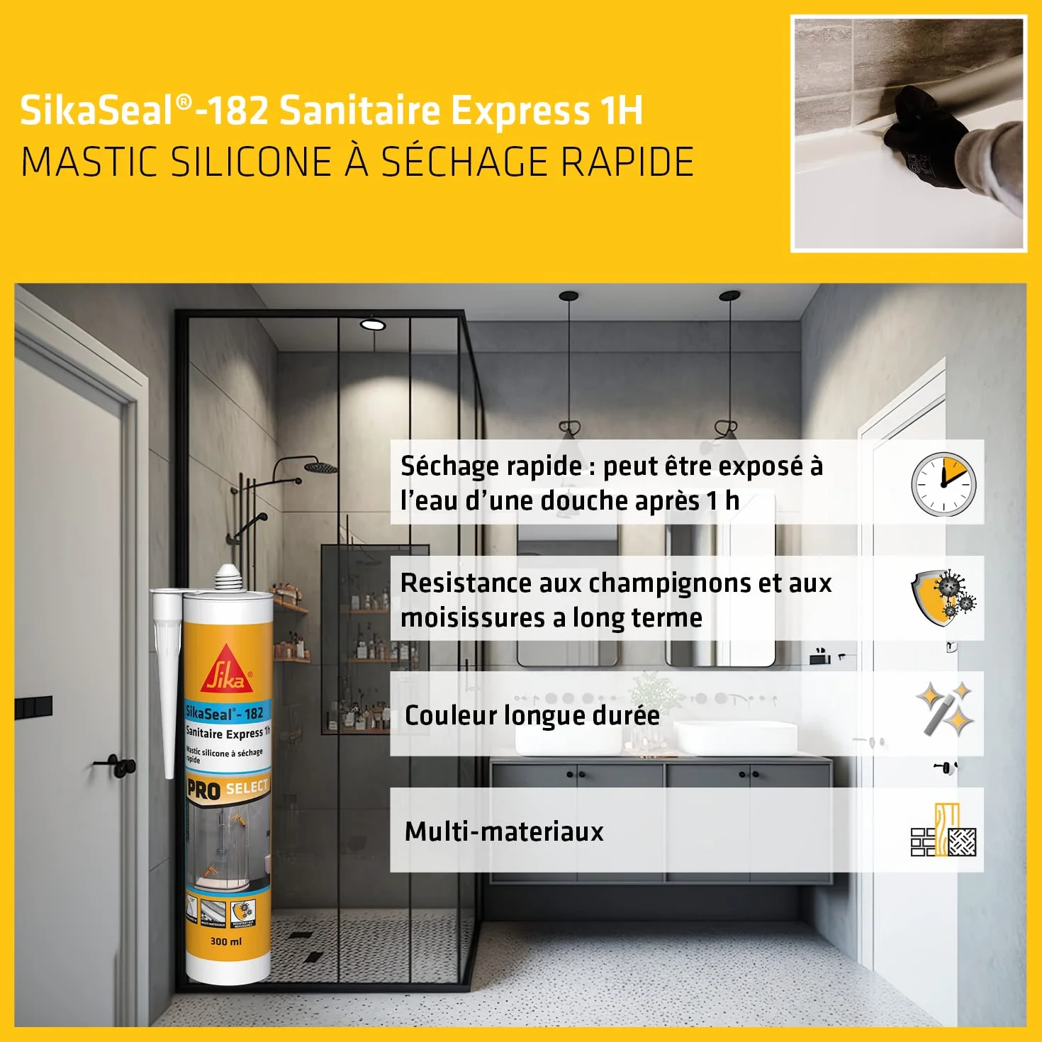 SIKA - Mastic silicone - SikaSeal 182 Transparent - Séchage rapide en 1h - Résistant aux moisissures - Multi-supports - Couleur longue durée - 300ml