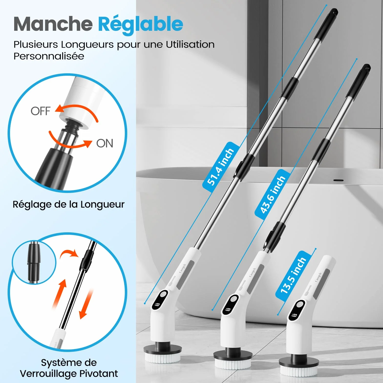 Brosse Rotative Nettoyage Electrique avec 8 Têtes Interchangeables, Rechargeable Brosse Nettoyage Salle de Bain, 2 Vitesses réglables,pour Salle de Bain, Cuisine, Carrelage et Sol