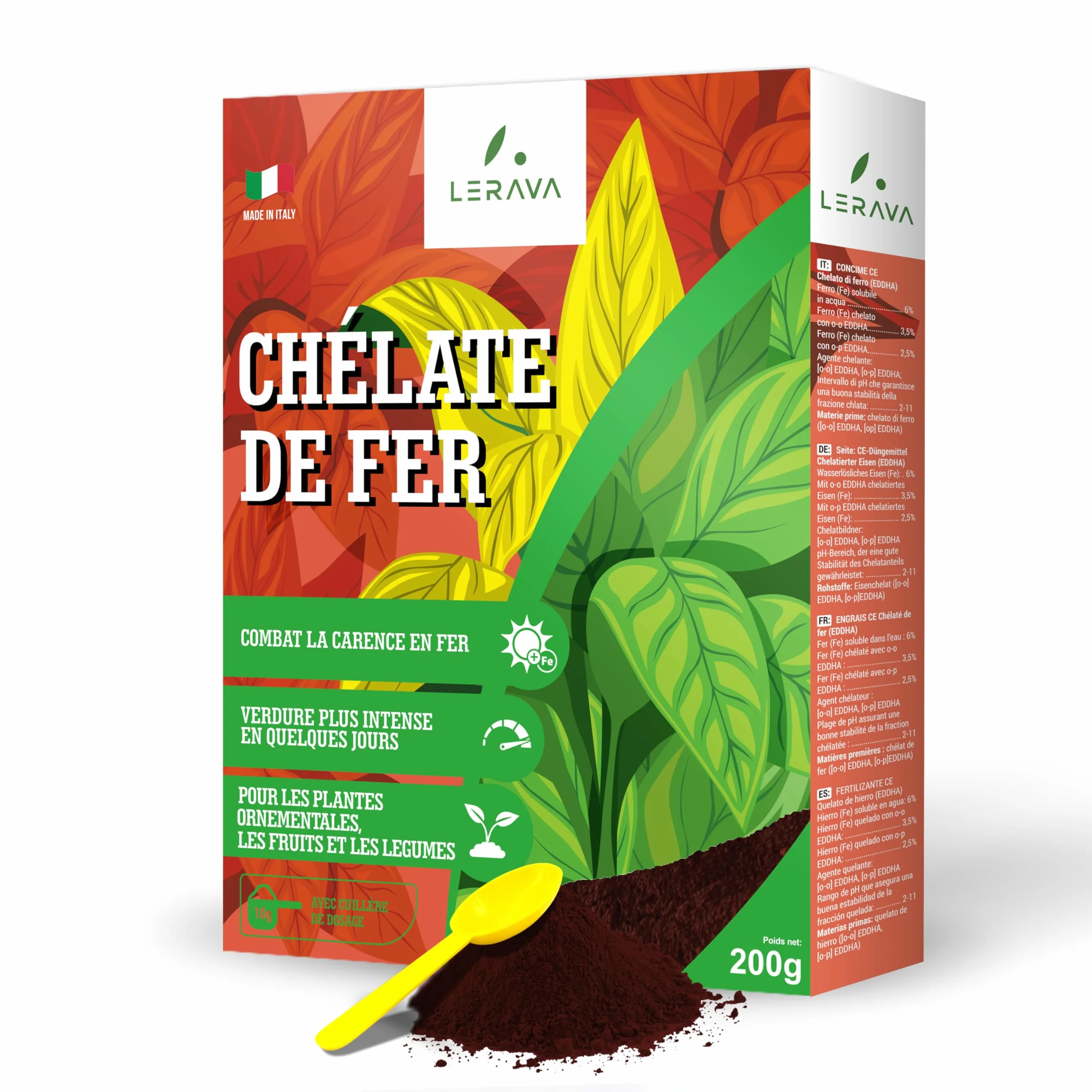 LERAVA chélate de fer 200g Anti-Chlorose Feuilles Jaunes Agriculture Biologique Toutes Cultures Pot ou Terre