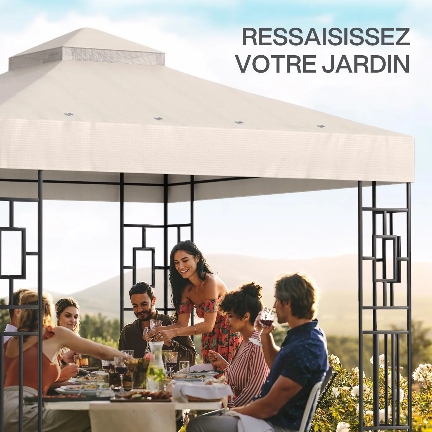 Toile de Toit de Rechange pour Pavillon Tonnelle Tente 3x3 m Double Étage Canvas 250g/m² Imperméable Beige