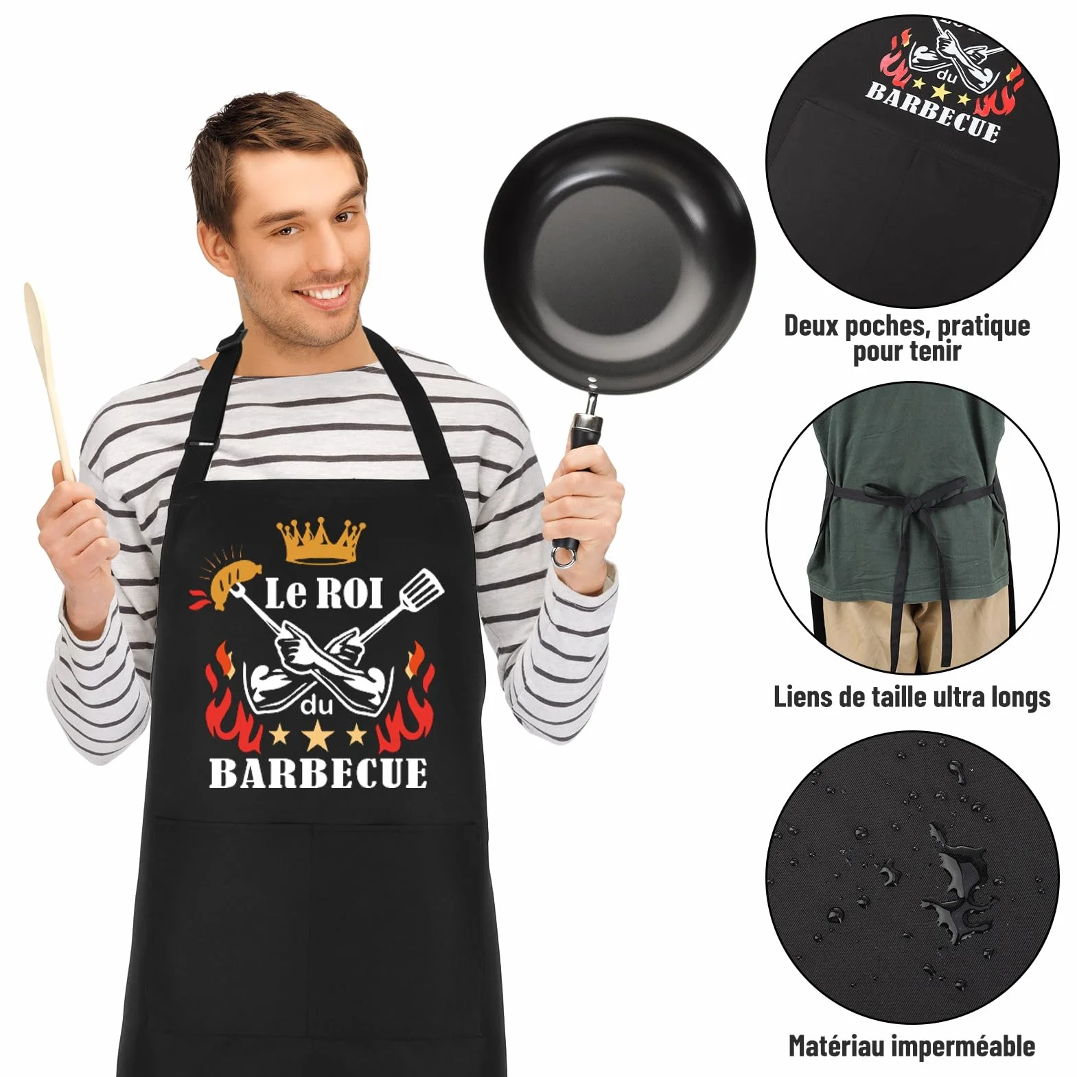 Tablier Barbecue Homme Noir Étanche Réglable pour Cuisine BBQ Fête Pères Anniversaire