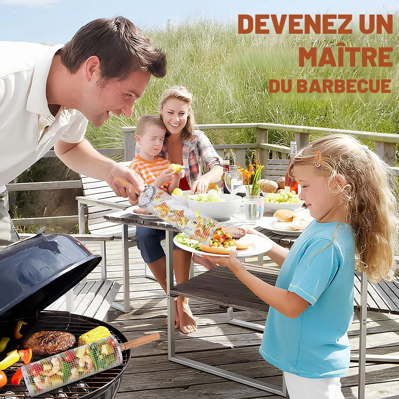 Paquet de 2 Paniers de Gril Cylindriques en Acier Inoxydable avec Poignée en Bois pour Camping