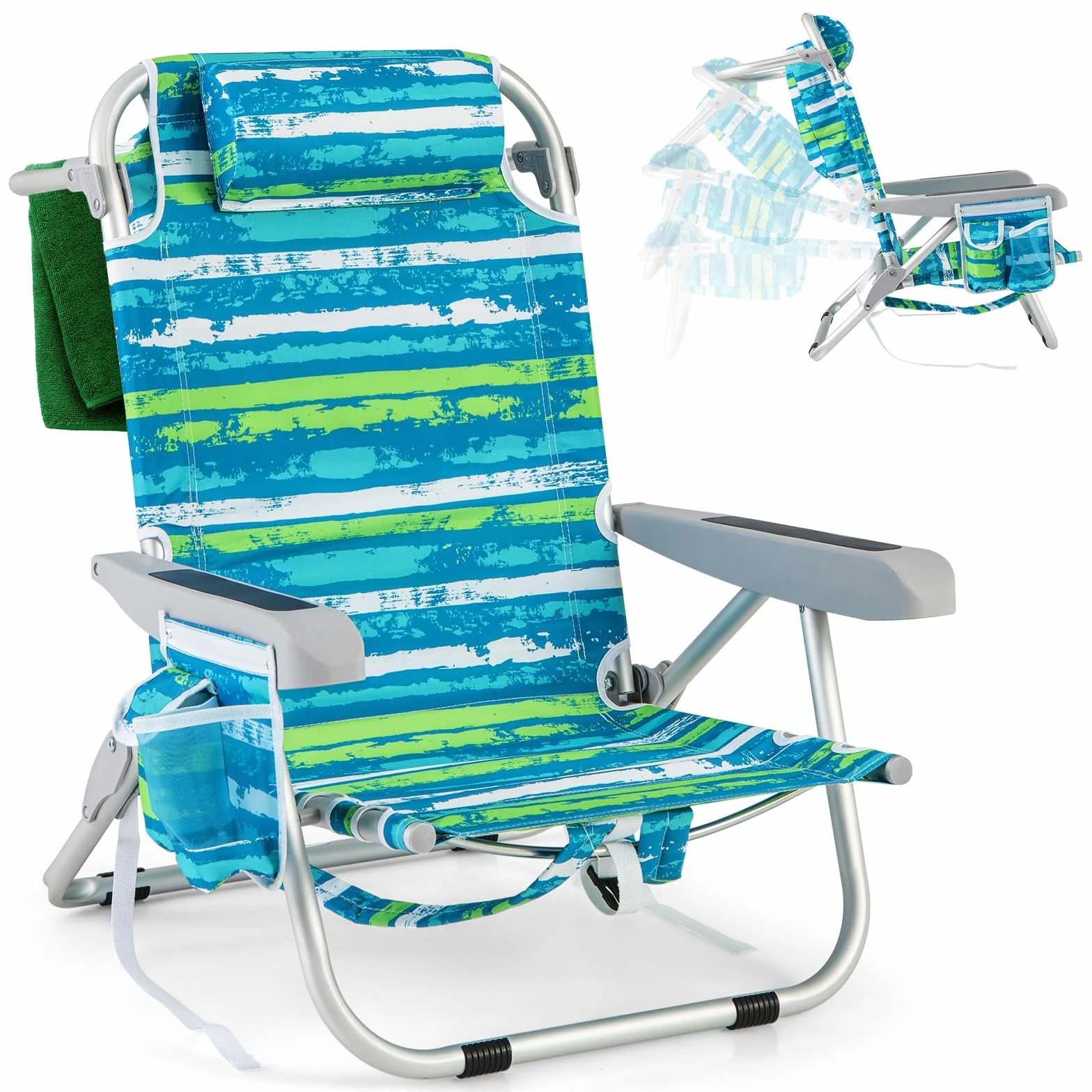 COSTWAY Chaise Longue Pliable 5 Positions Réglable Porte-Gobelet Charge 150 kg Vert