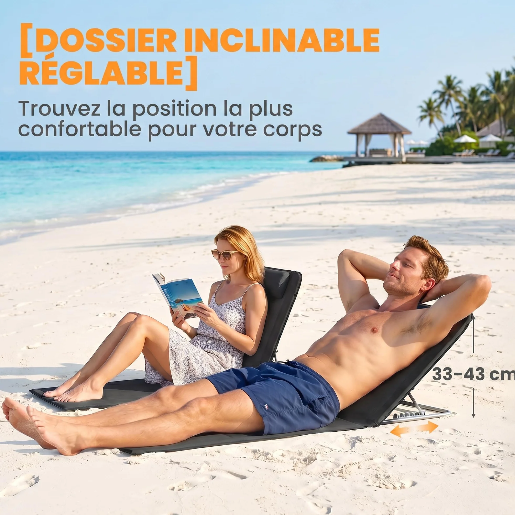 Outsunny Lot de 2 Tapis de Plage rembourré avec Dossier inclinable Multi-Positions et Sac Transport - Métal Polyester PE Noir