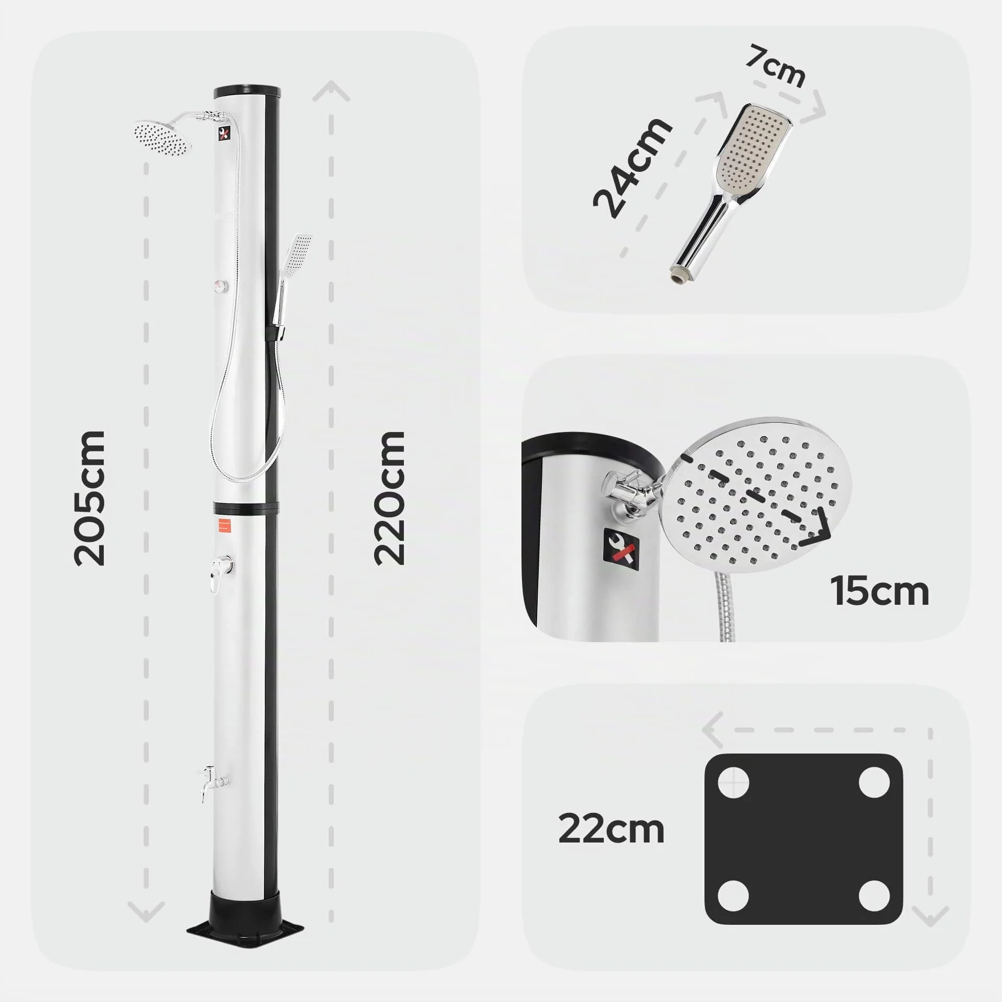 AREBOS Douche Solaire 40 L 220 cm Thermomètre intégré Pomme Ronde douchette Pieds Argent-Noir