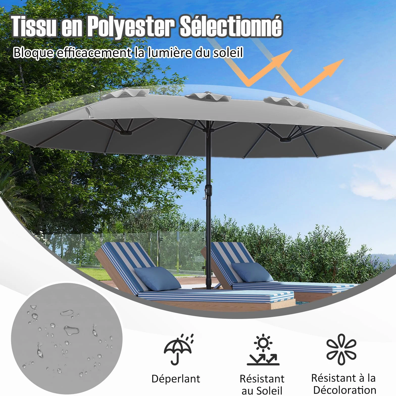 Parasol Double RELAX4LIFE 4,7M avec Pied, Manivelle, 12 Baleines, Base Croix, Protection Solaire Jardin Terrasse Gris