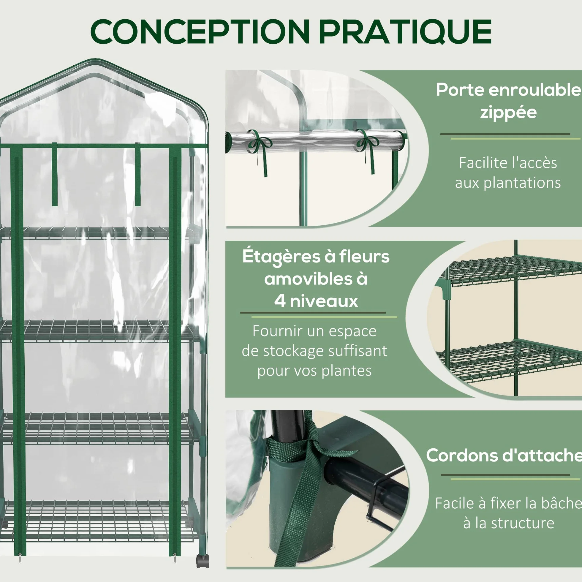 Outsunny Serre de Jardin 4 Niveaux avec étagères, Balcon, bâche renforcée, Acier, Porte zippée, 69x50x165 cm