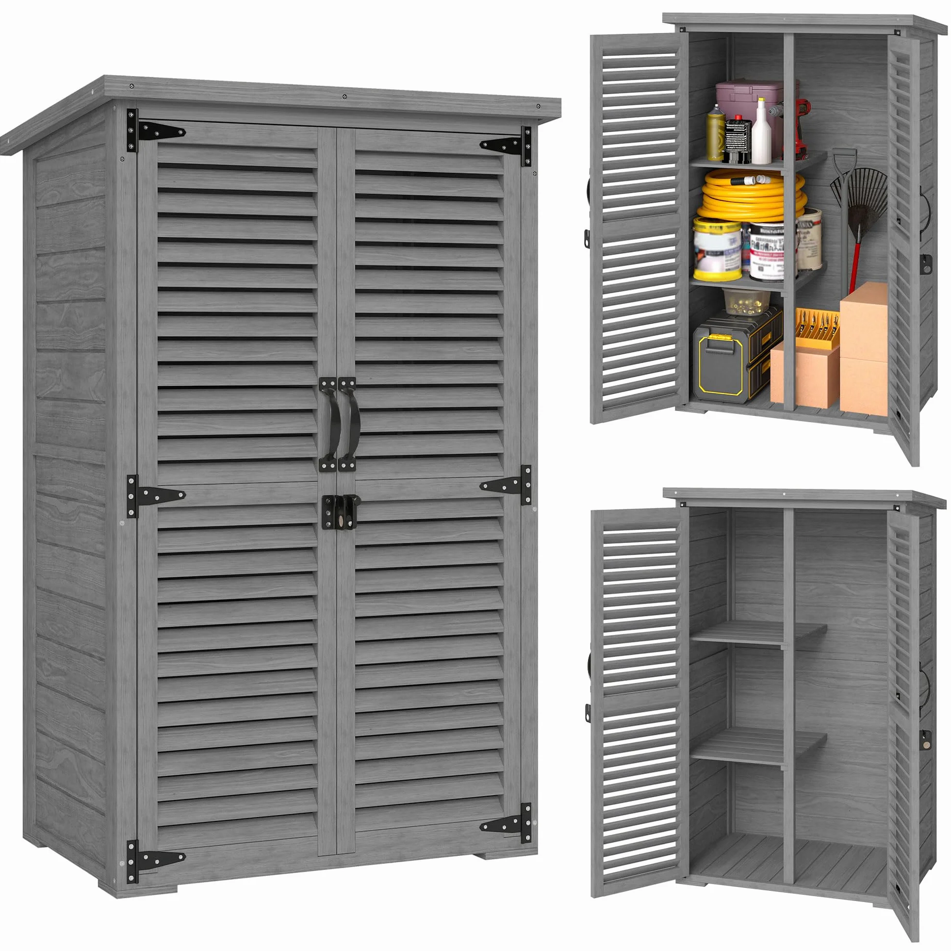 Outsunny Armoire de Jardin Remise Outils Bois 2 Étagères Toit Bitumé Portes Persiennes Verrouillable 75x50x118cm Gris