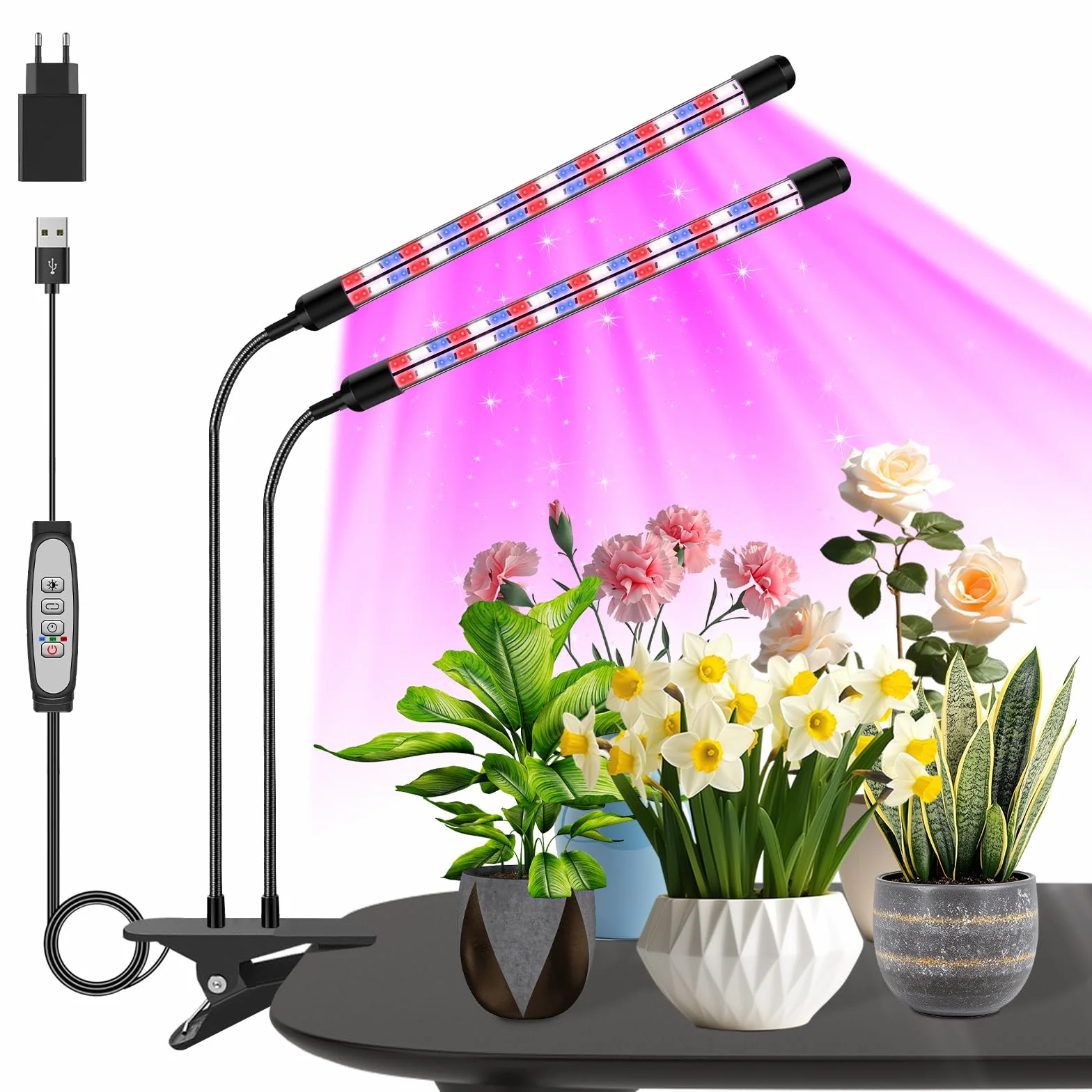 Lampe de Croissance LED 2 Têtes, Spectre Complet, Minuteur, 3 Modes de Couleur, 5 Niveaux de Dimming, Plantes d'Intérieur (Rouge+Bleu)