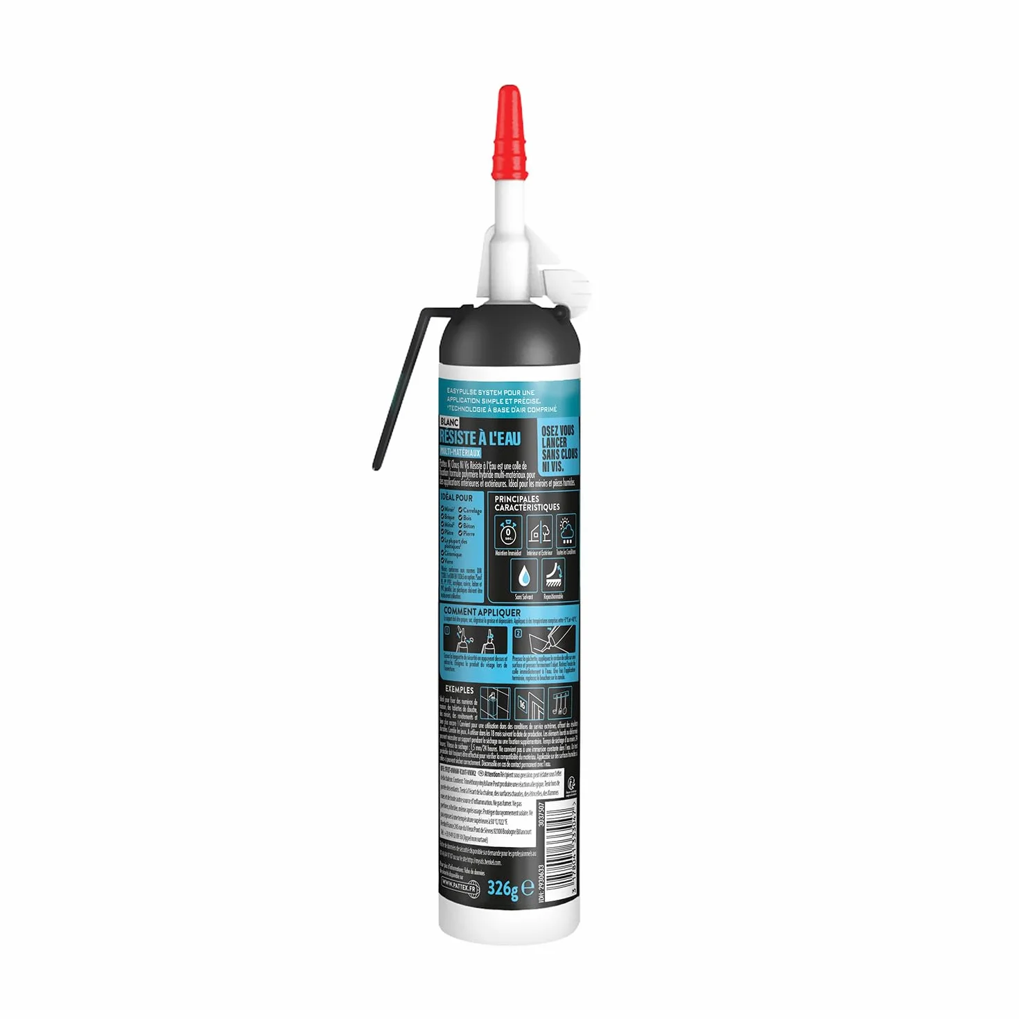 Pattex – Colle Ni Clou Ni Vis Résiste à l'Eau (MSP de 326 g) – Colle de fixation à maintien immédiat pour intérieur & extérieur – Mastic blanc résistant à l’eau, flexible et repositionnable