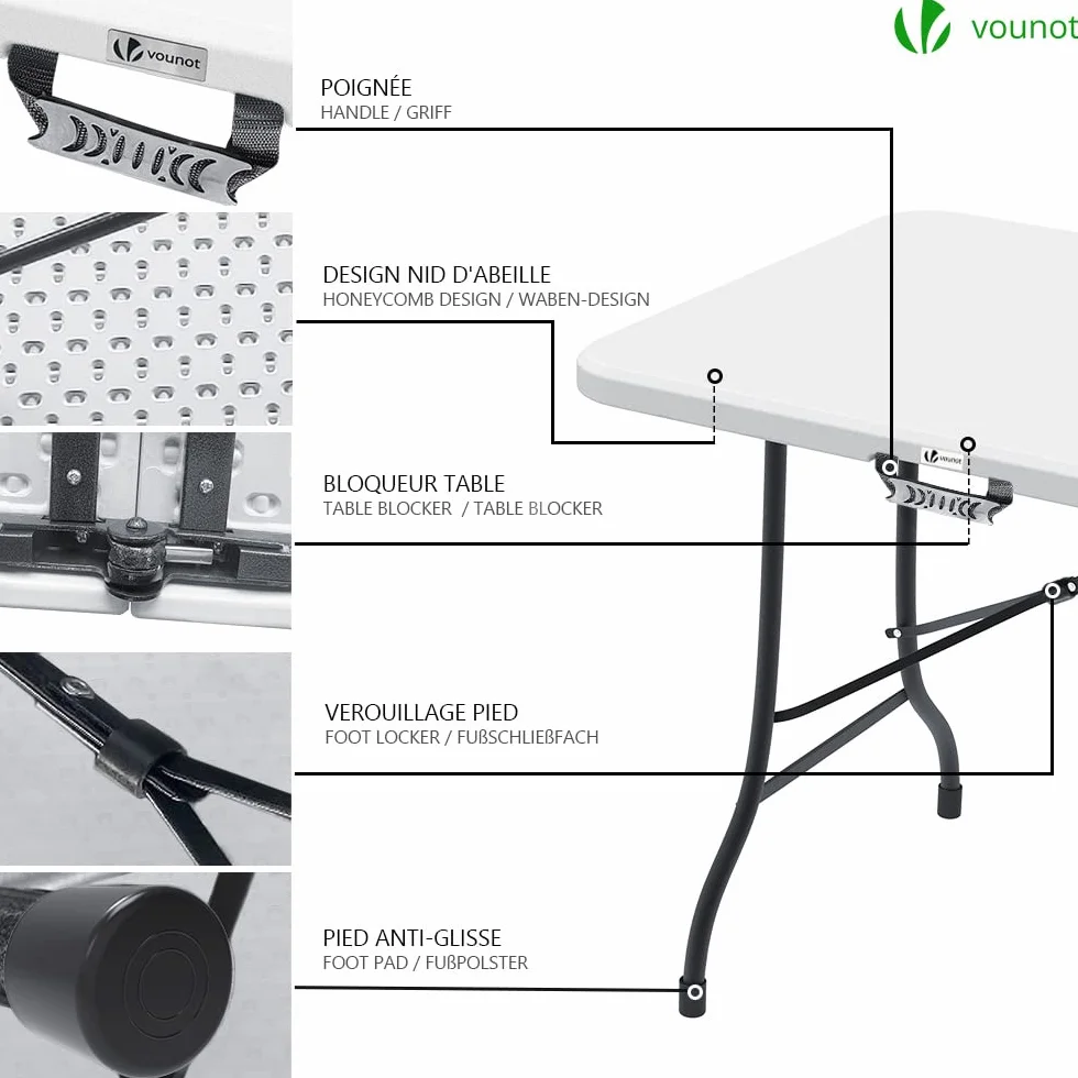 Ensemble Table Pliante et Bancs Pliables Camping 180cm HDPE Polyrotin 8 Places Blanc