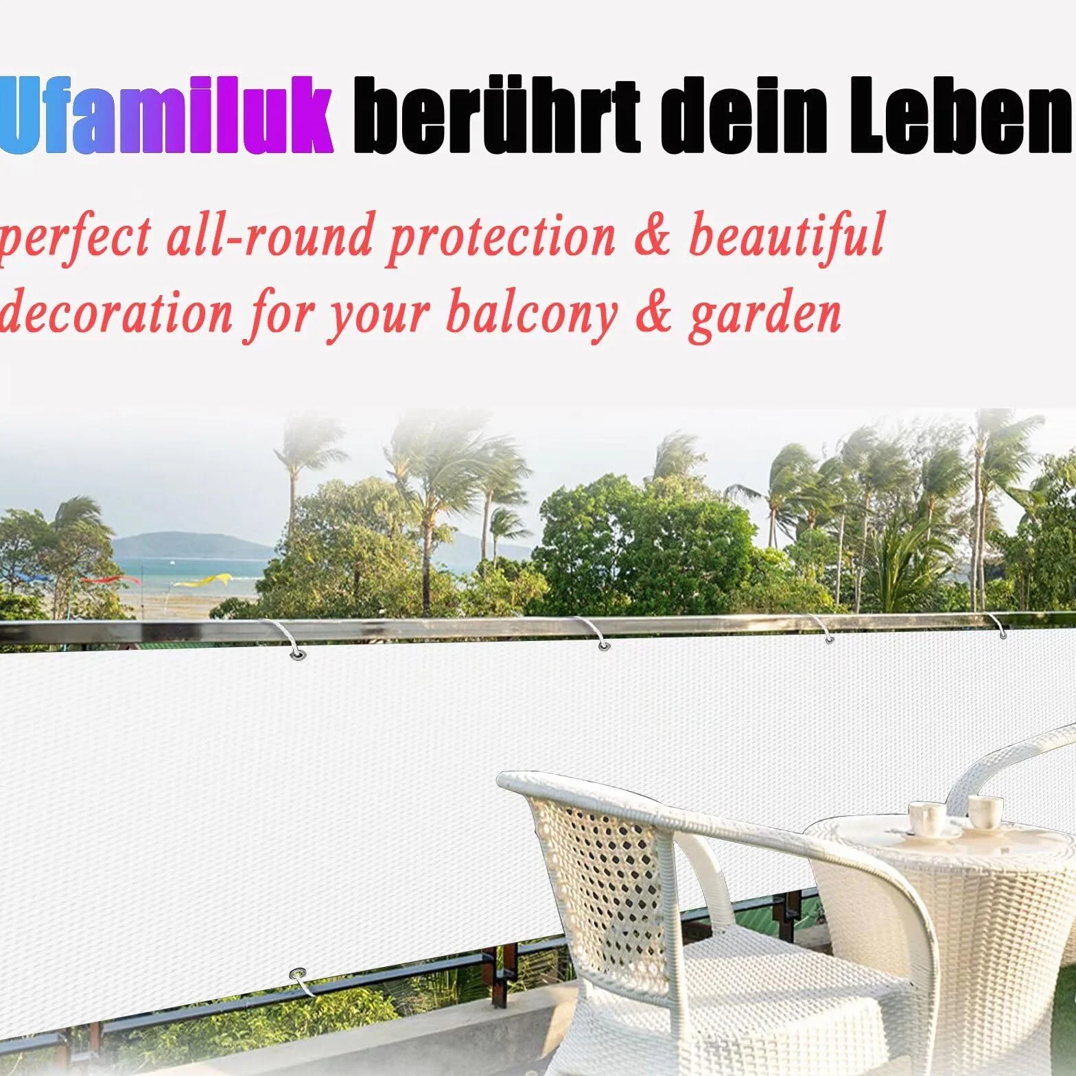 Brise Vue Blanc Polyester 200g/㎡ Opaque Vent Protection UV Cache terrasse 1m Hauteur 100x150cm