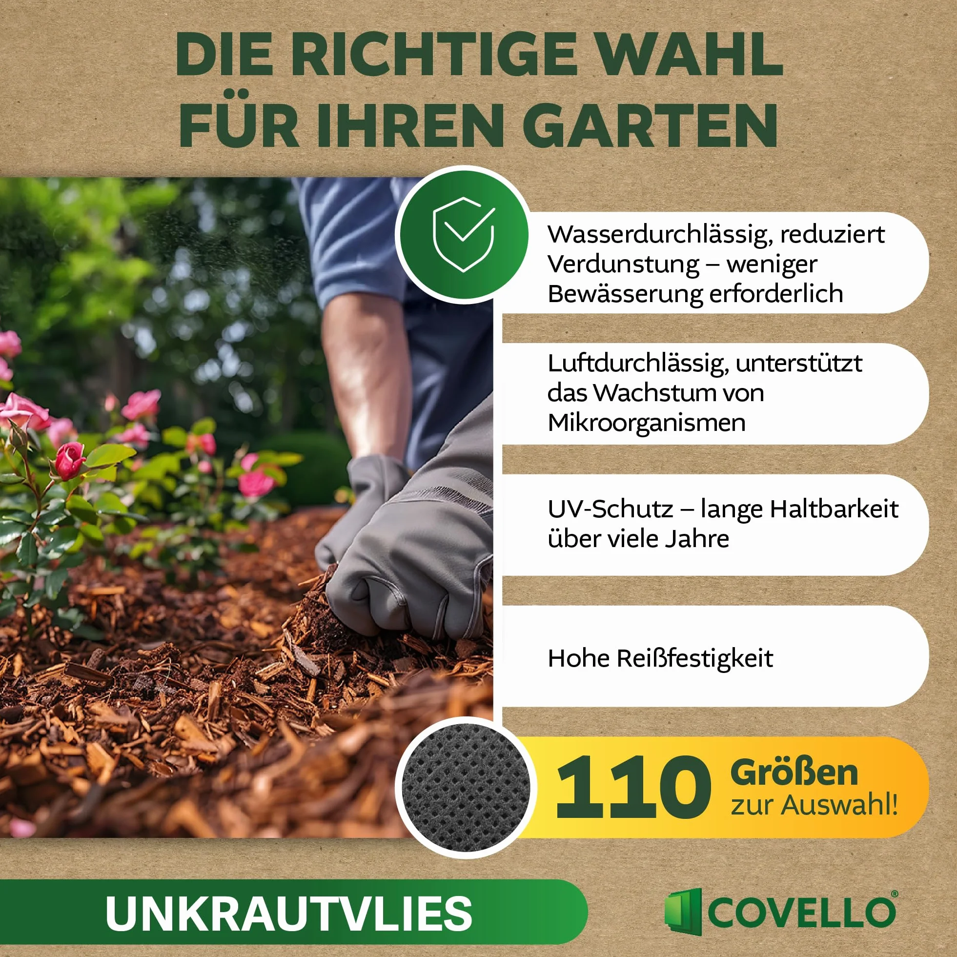 Covello Toile de Paillage Premium Line 15m x 0,8m Anti Mauvaises Herbes Résiste UV 50g/m² Perméable à l'eau Noir