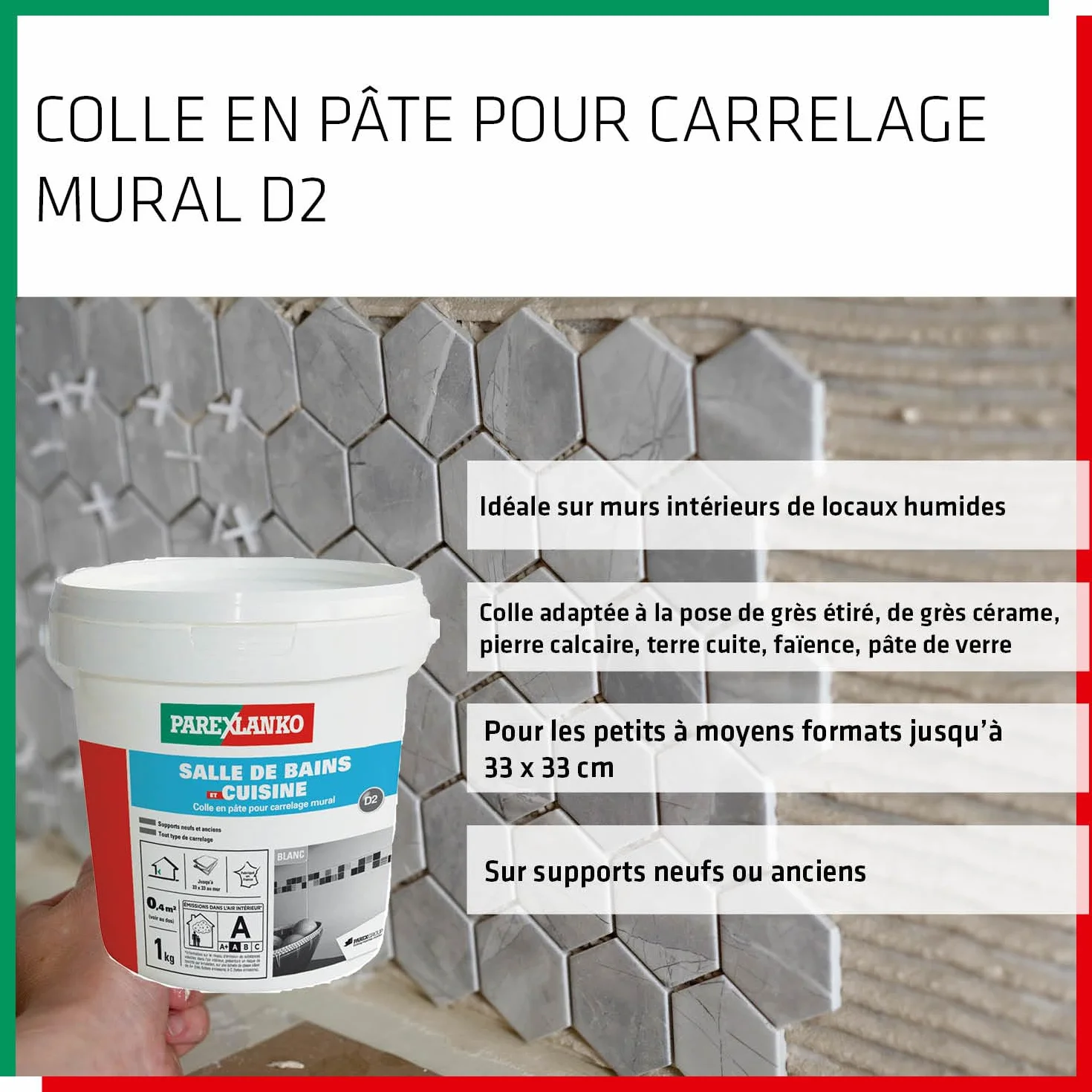 Parexlanko, Salle de bains et cuisine, Colle carrelage en pâte pour mur intérieur spécial pièces humides, 1kg