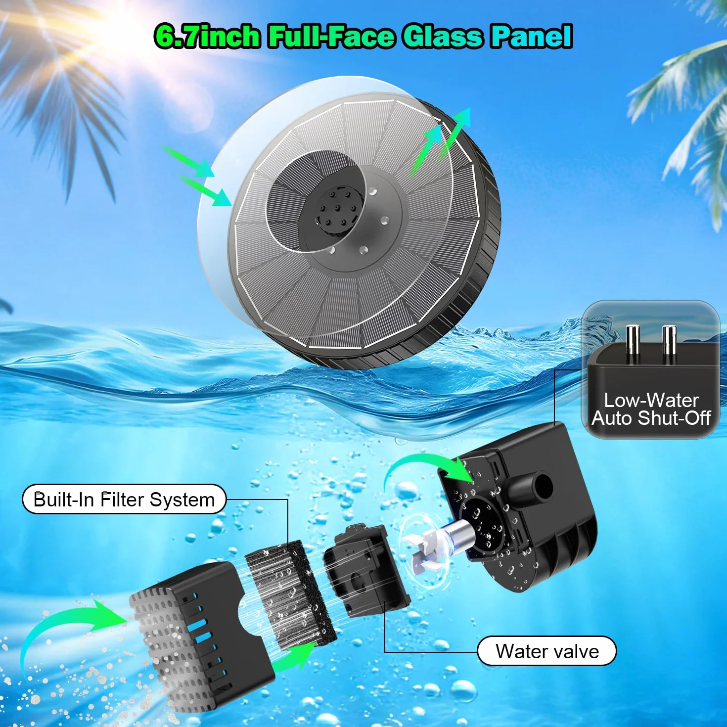 Fontaine Solaire LED Colorée 3.5W Extérieur Flottante Pompe Bassin Solaire 3 Modes Réglage Hauteur d’Eau 2000mAh Batterie avec 7 Buses&Barres Rotatives Jardin Noir