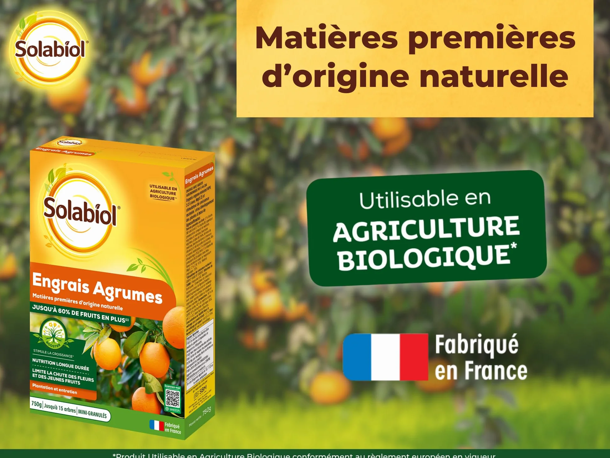 SOLABIOL Engrais Agrumes 750g - Favorise Fructification - Nutrition Longue Durée - Utilisable en Agriculture Biologique