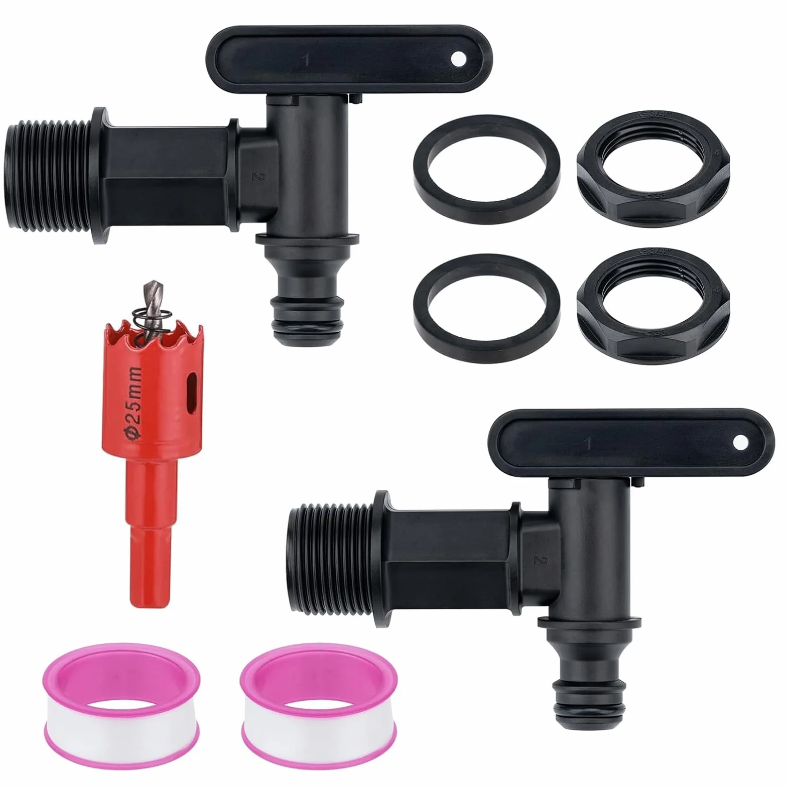 Lot de 2 robinets d'écoulement 3/4" pour citerne d'eau de pluie - Adaptateur récupérateur - Noir