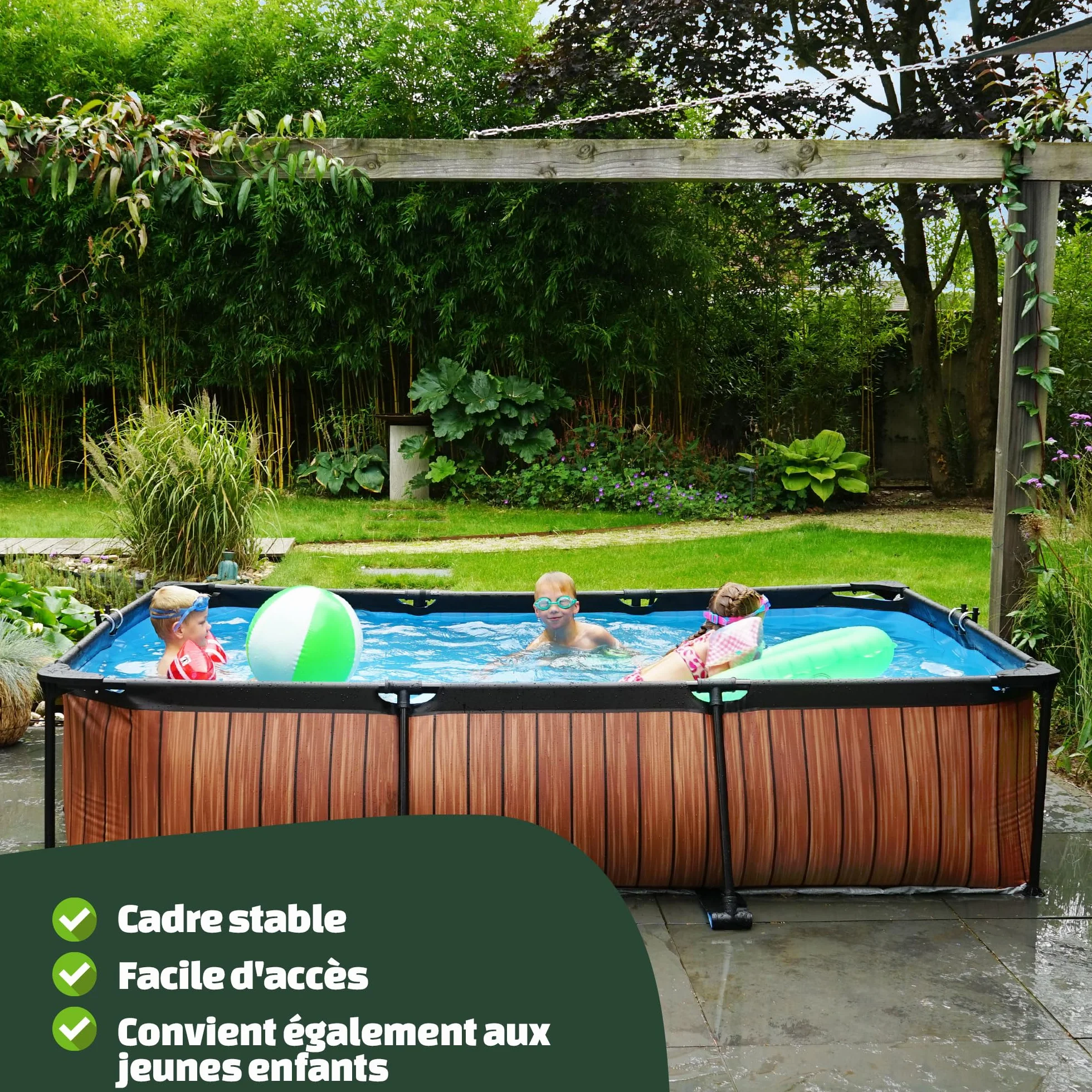 EXIT TOYS Piscine Hors Sol Rectangulaire 220 x 150 x 65 cm avec Pompe Filtrante – Tubulaire Acier – TÜV CE – Marron