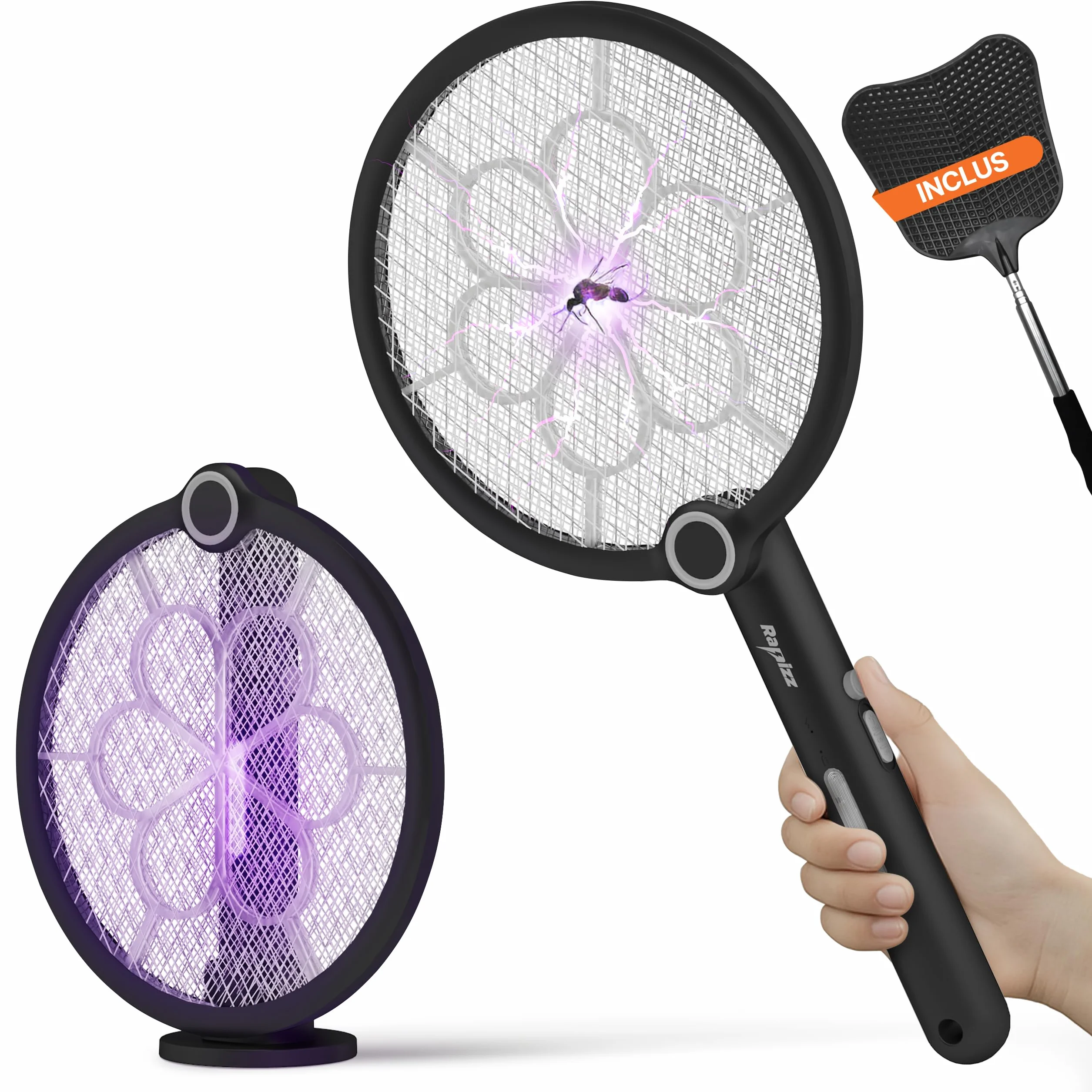 RAPIZZ Raquette Electrique Insectes Rechargeable 3 en 1 Tapette à Moustiques Mouche Électrique