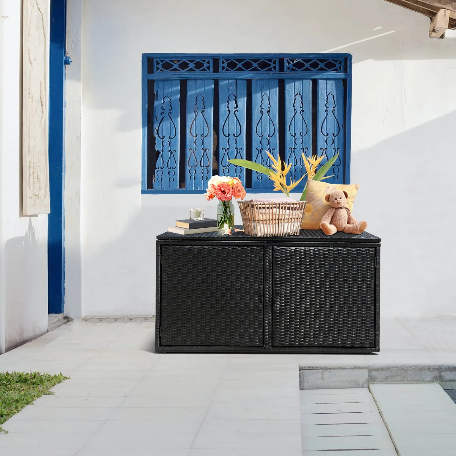 GOPLUS Coffre de Jardin Rangement Exterieur Rotin PE 115x60x65cm 335L Noir