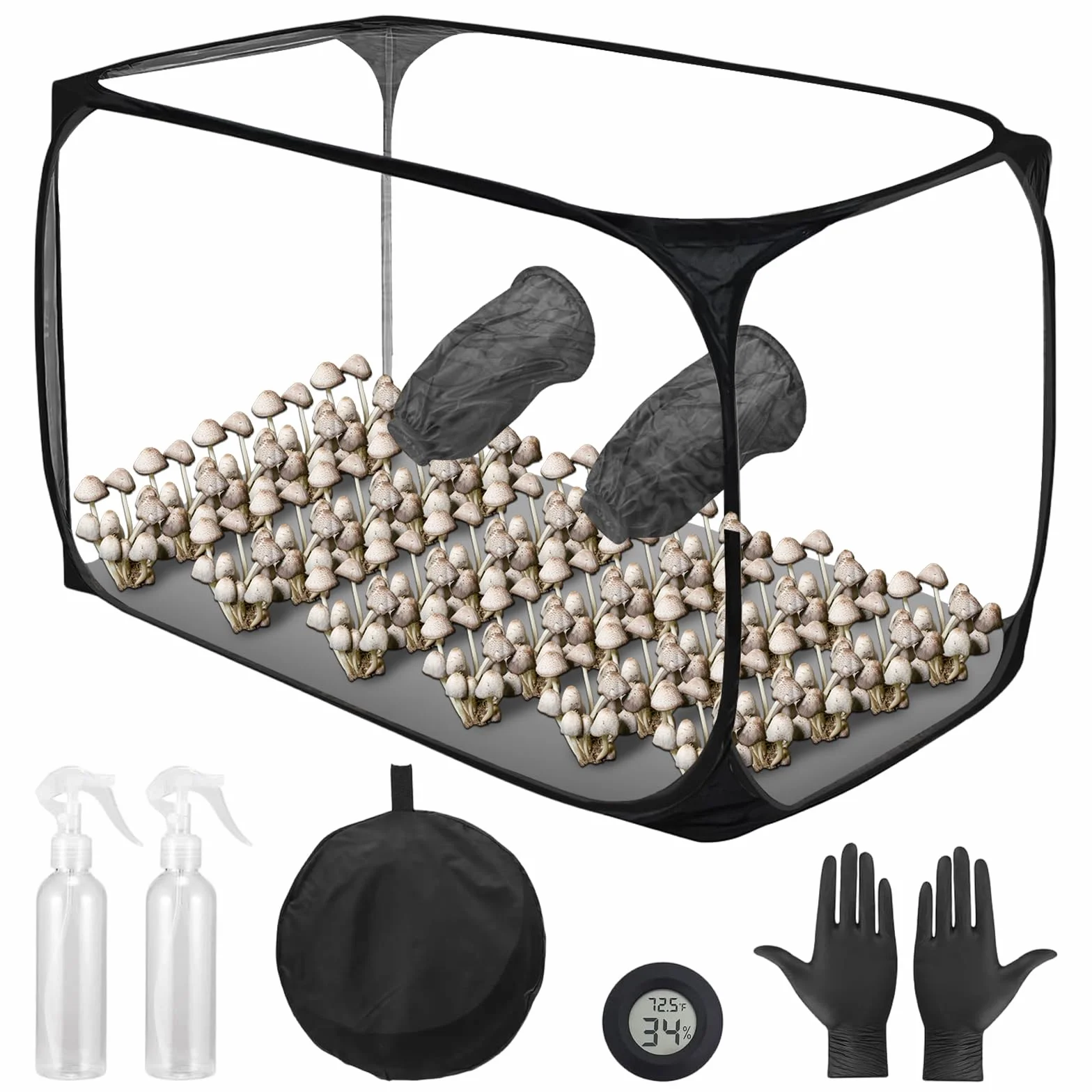 Grande tente de culture de champignons 82 x 52 x 52 cm - Boîte de culture avec boîte à air silencieuse, pliable, deux ouvertures pour les bras
