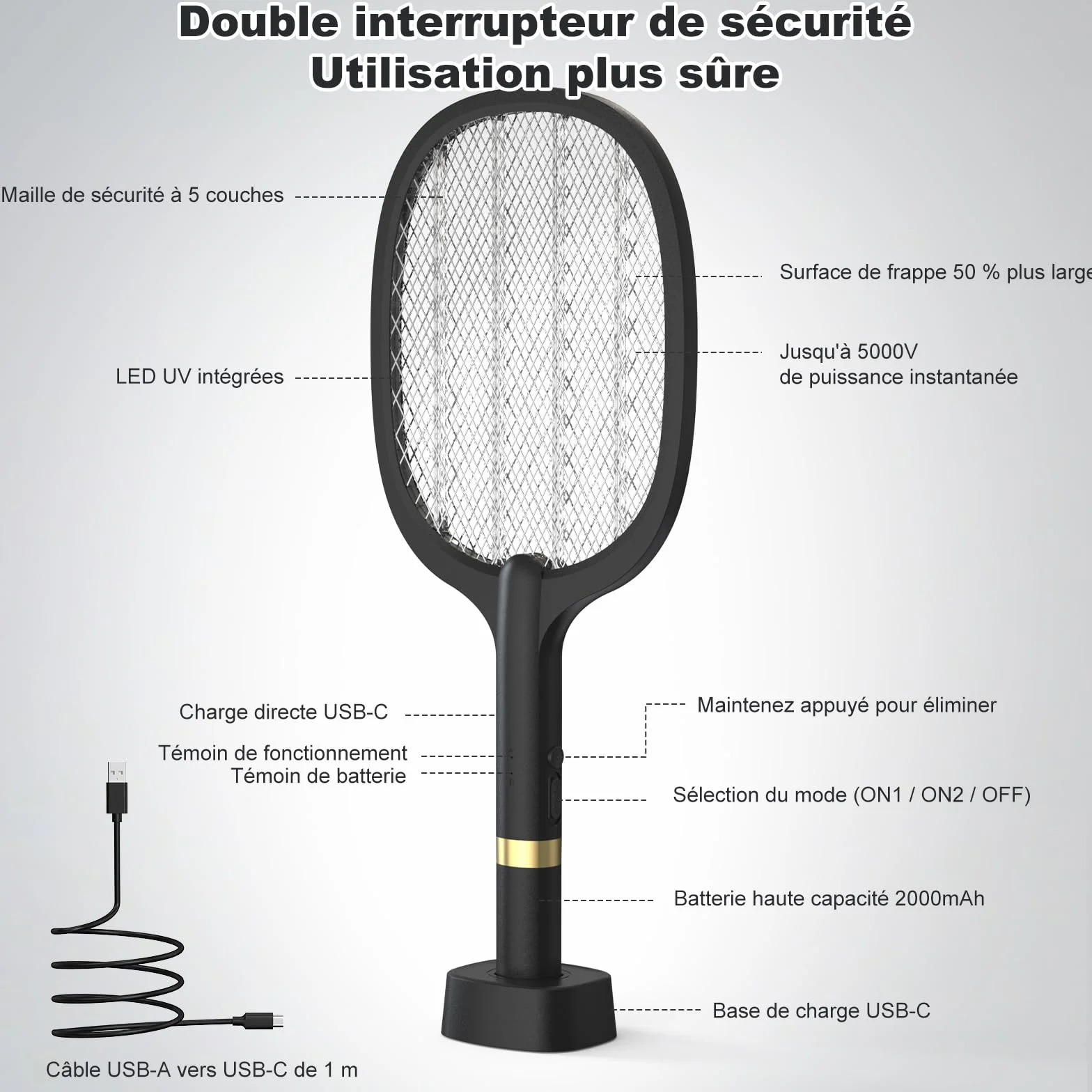 Raquette Anti Moustique Électrique 5000V Rechargeable USB-C avec Base Batterie 2000mAh Noir