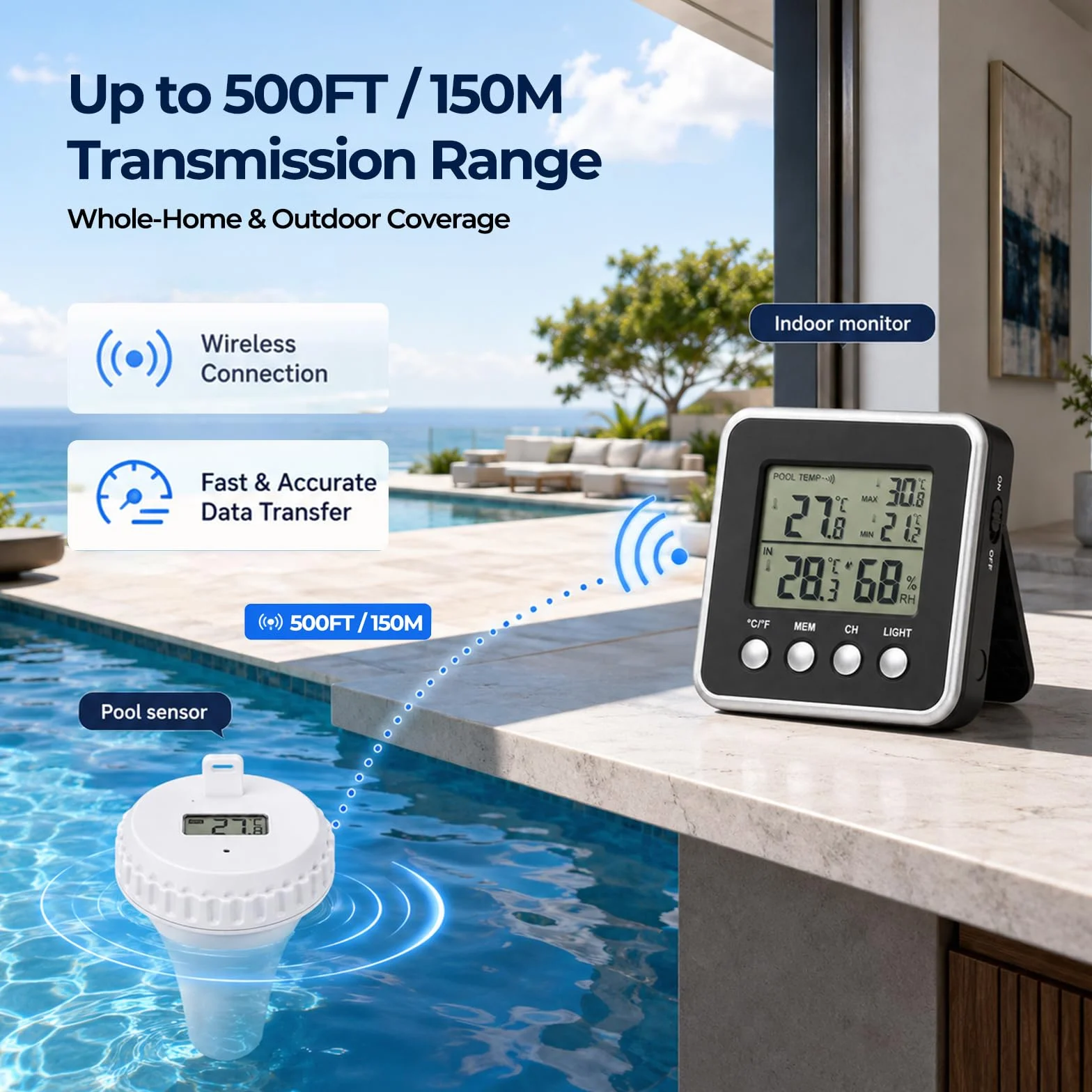 Thermomètre de Piscine Sans Fil IPX8 150m Capteur Flottant Écran Rétroéclairé
