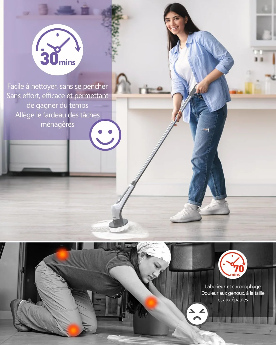 Brosse Électrique Nettoyage Rechargeable USB sans Fil, Electric Spin Scrubber, avec Tige Télescopique et 9 Têtes Interchangeables pour Salle de Bain