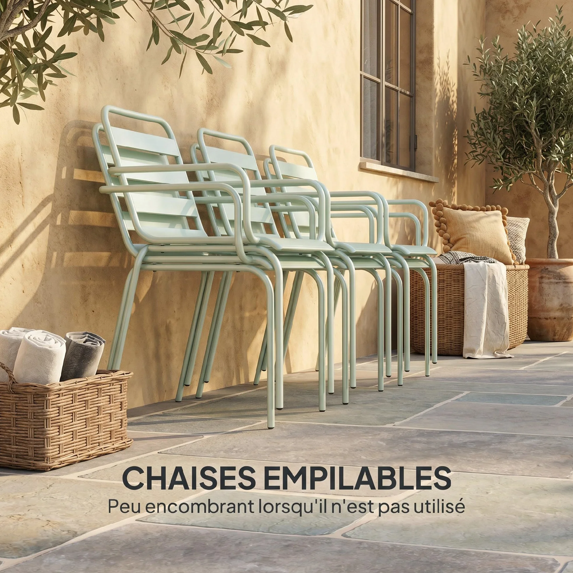 Outsunny Salon de Jardin 7 pièces Table et Chaises empilables Acier Vert Clair