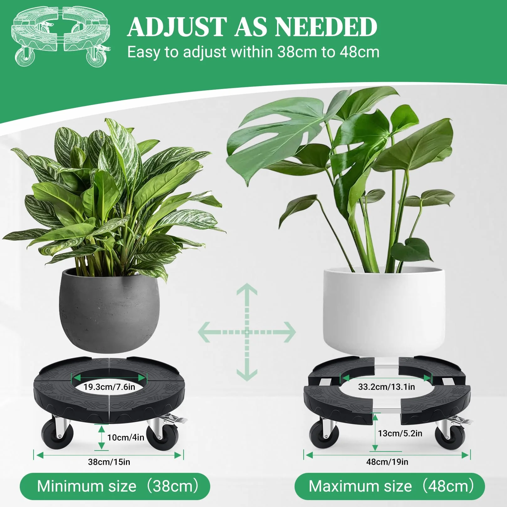 Porte Plante Ronde à Roulettes Charge Lourde 220KG Support Plantes Intérieur Adjustable 38-48CM Plateau Roulettes Noir