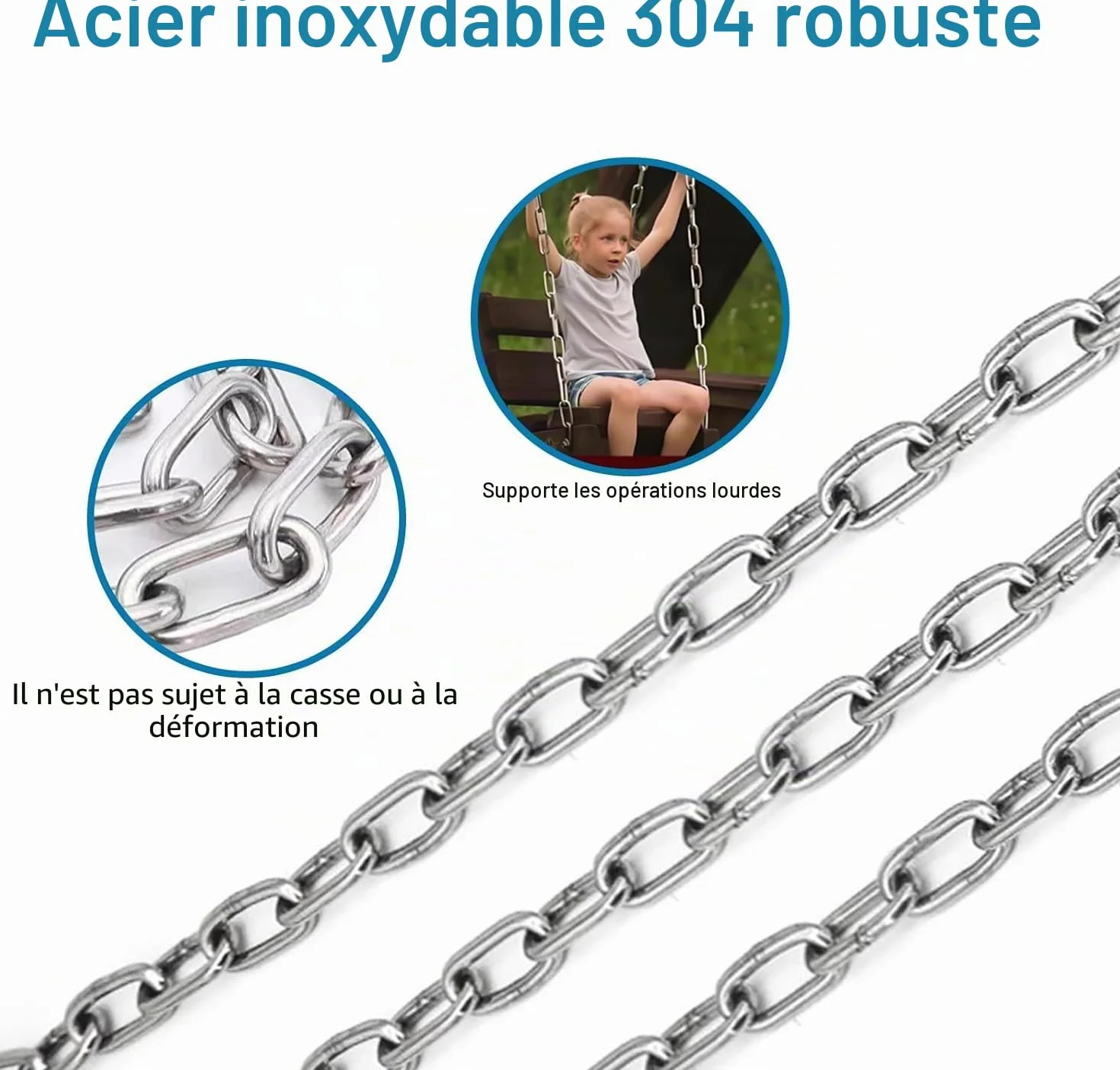 Chaîne Acier Inoxydable 2 m avec 2 Mousquetons 3 mm | Chaine acier haute résistance pour chaine cadenas, vélos, motos, portails, animaux et chaine chien