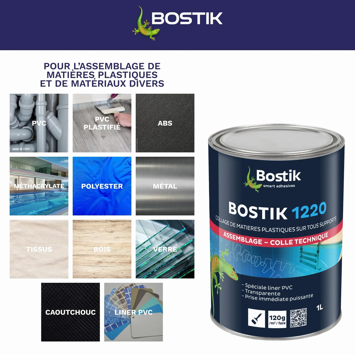 Bostik - Colle Contact Nitrile Liquide 1220 - Multi-Usages - Idéale Pour Liner PVC - Transparente - Pot de 1L