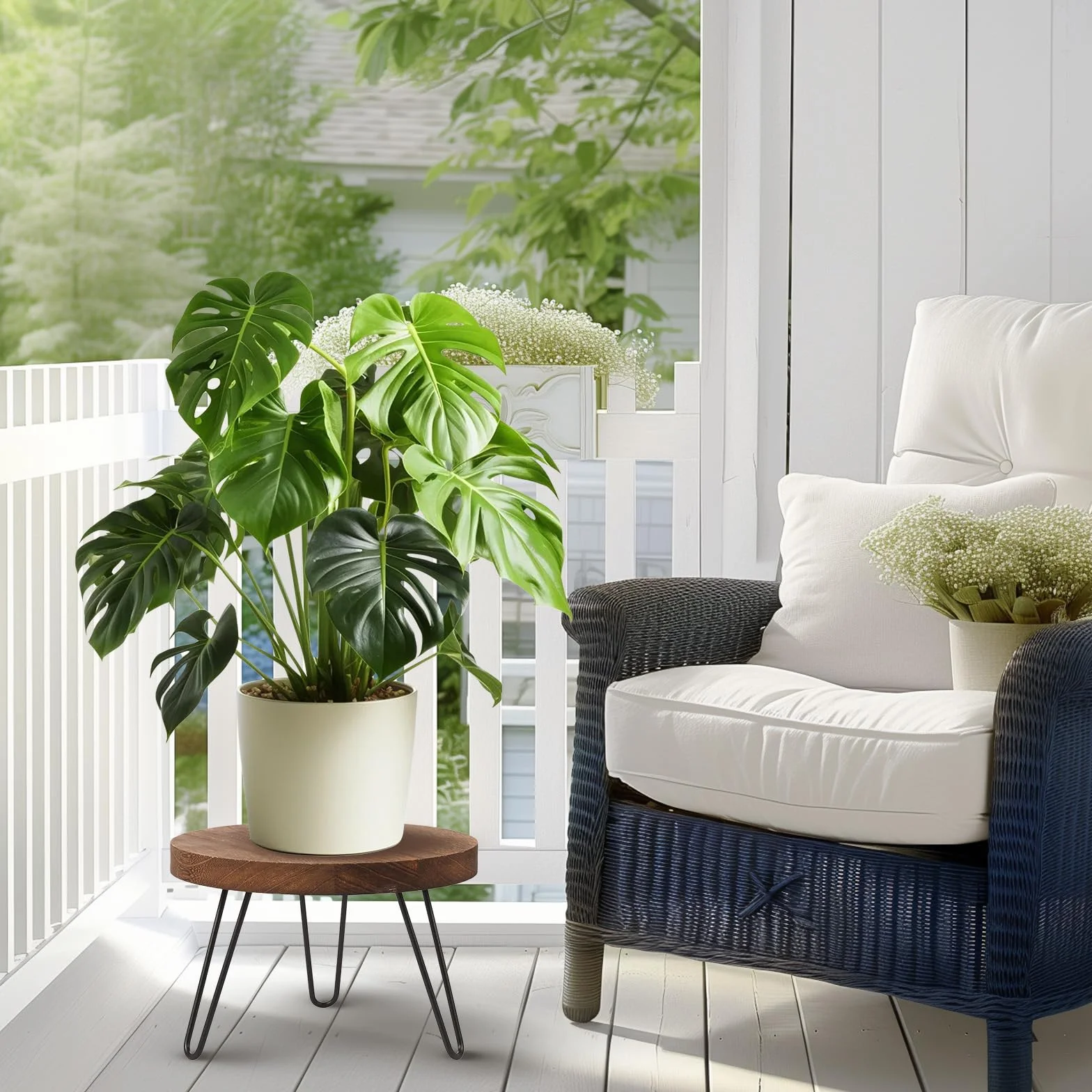 Support Plante en Bois Rond, Tabouret Plante Intérieur Extérieur, Adaptable à Différentes Tailles de Pots, Maison Jardin Patio