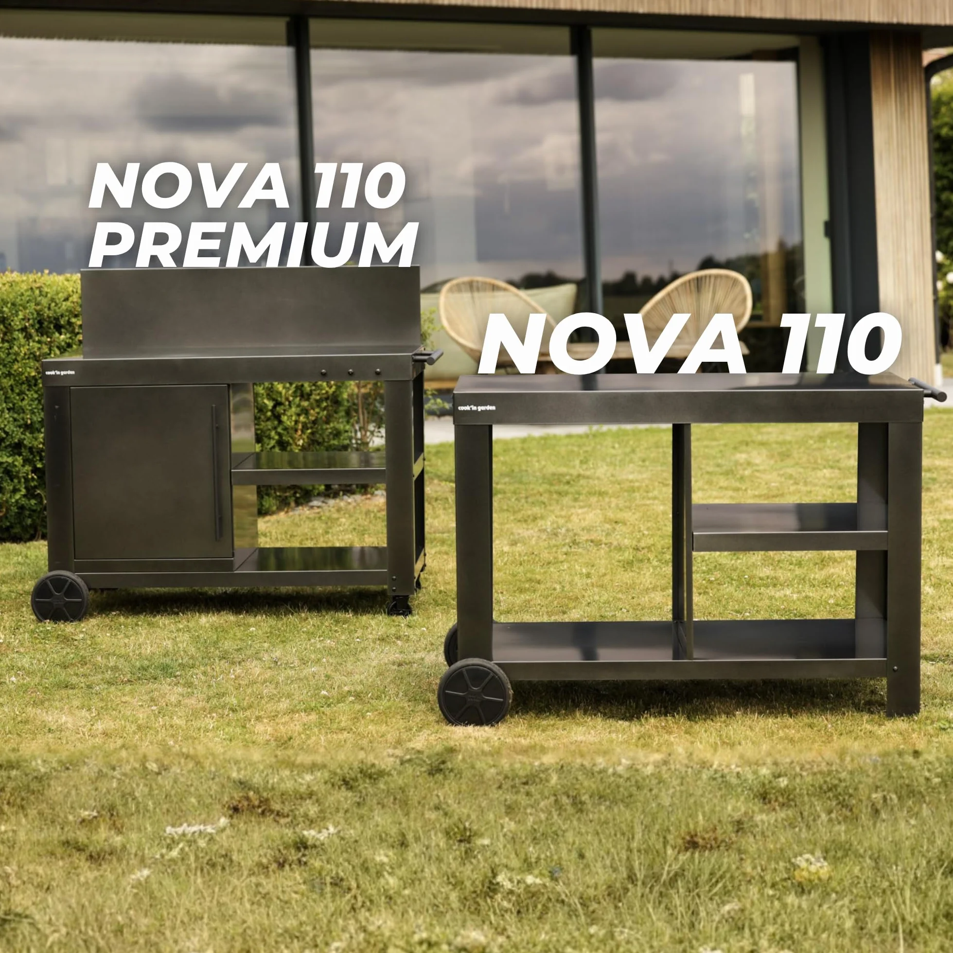 Cook'in Garden Desserte Nova 110 Premium Chariot de Jardin avec Plan de Travail, Meuble sur Roulettes pour Plancha ou Barbecue, Noir