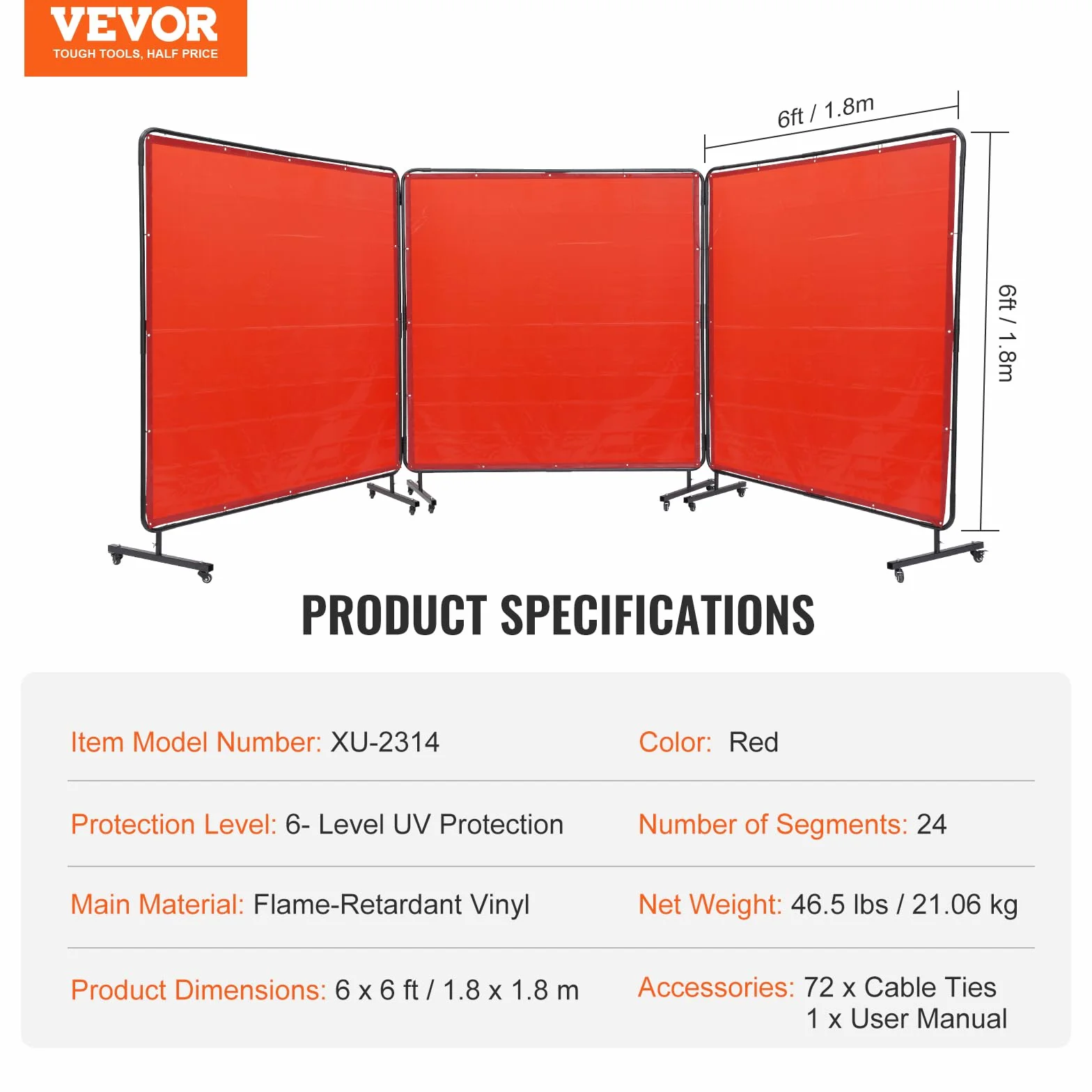 VEVOR Rideau de Soudage avec Cadre 3 Panneaux Écran Rideau de Protection pour Soudure 1,8x1,8 m en Vinyle Ignifuge sur 12 Roues Pivotantes (6 Verrouillables) Mobile Pro pour Atelier, Industrie, Rouge