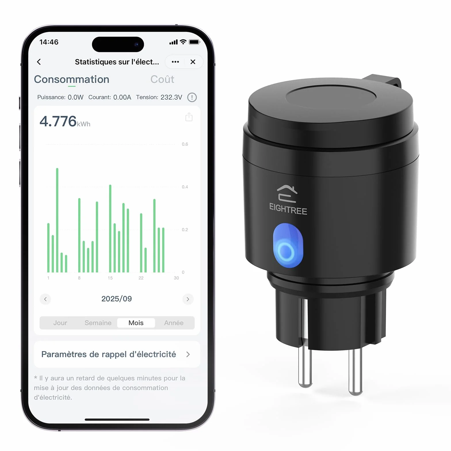 EIGHTREE Prise Wi-Fi d'extérieur - Minuterie d'extérieur - Avec mesure du courant IP44 - Étanche - Avec minuterie, télécommande et commande vocale - Compatible avec Alexa et Google Home