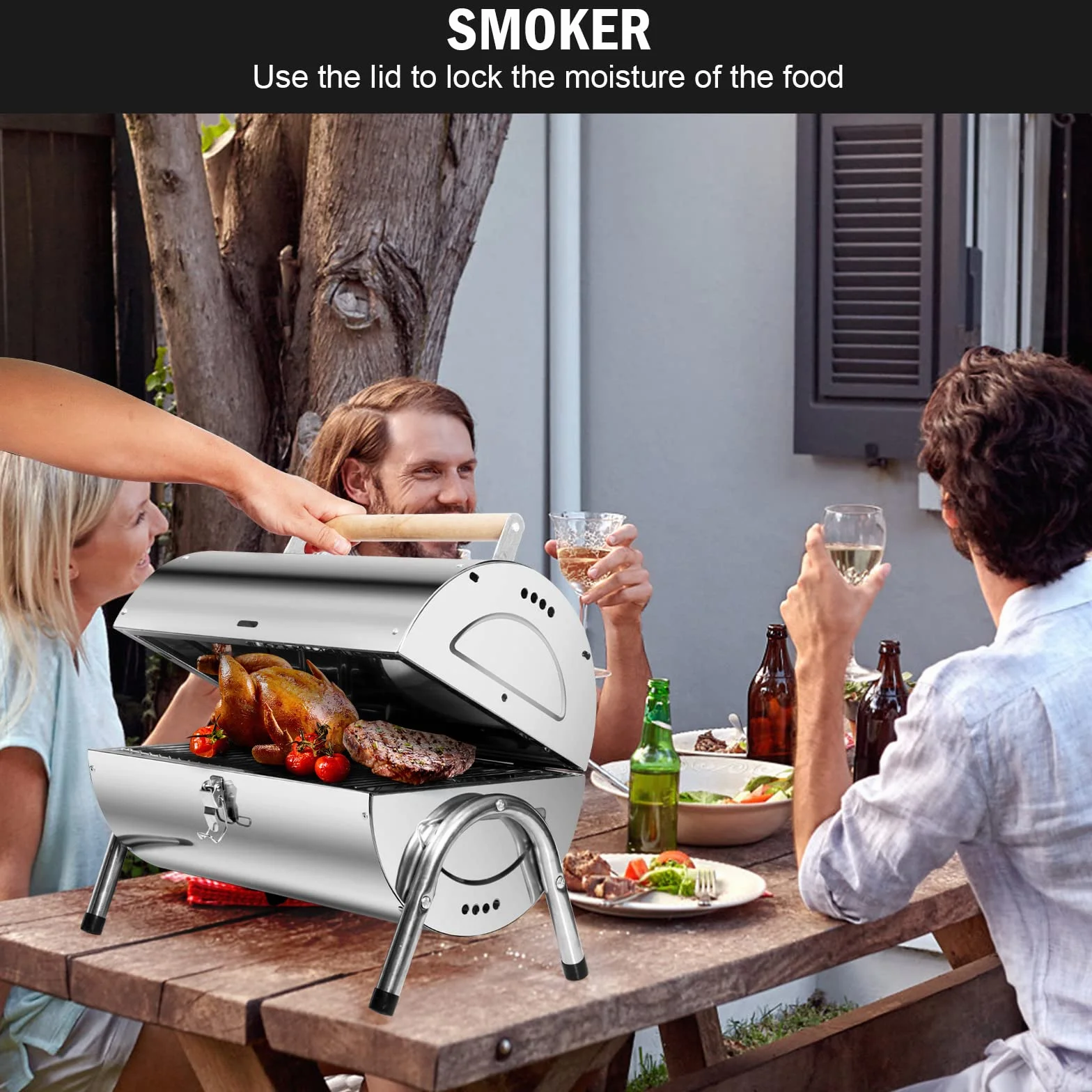 Barbecue Portable 2 en 1 Inox BBQ Grill Mini Charbon pour Jardin Balcon Voyage Camping Argent