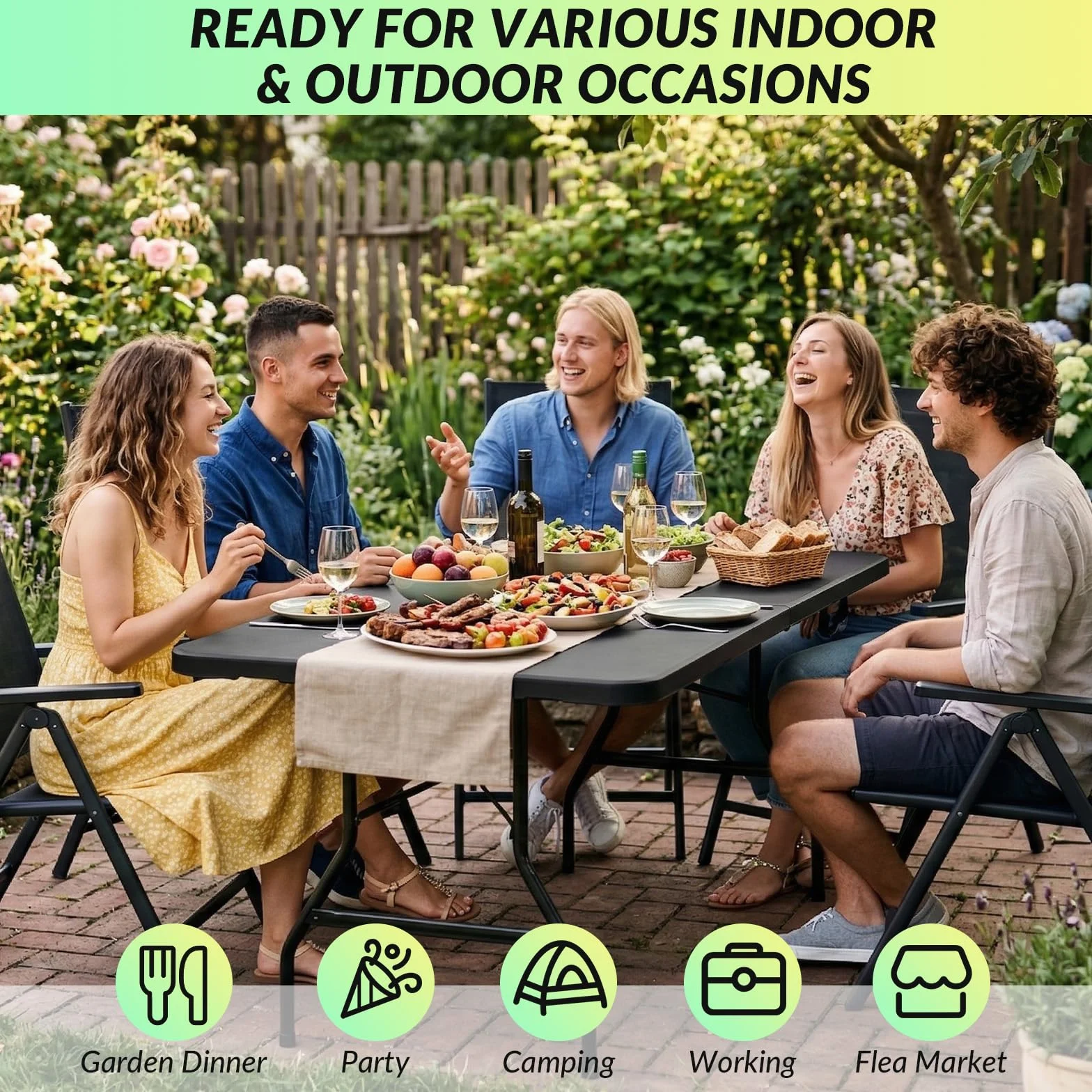 Velway Table Pliante Extérieur 180x75x73cm Camping 6-8 Personnes Noir