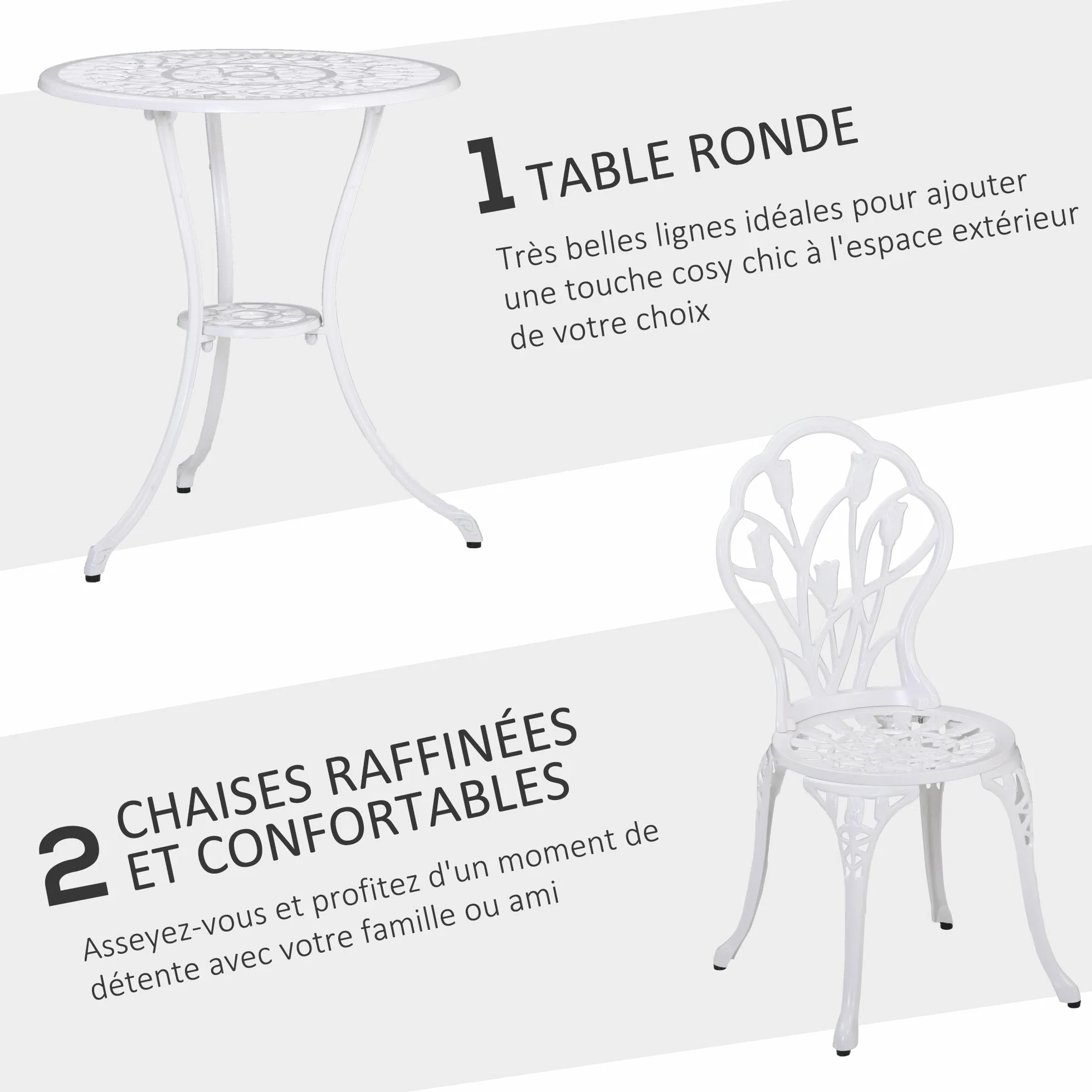Outsunny Salon de Jardin 2 Places Table Ronde Fonte Aluminium Imitation Fer Forgé Blanc