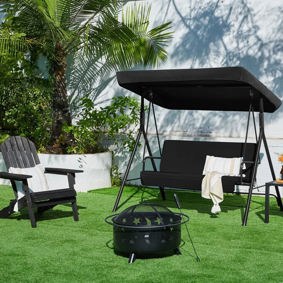 Yaheetech Balancelle de Jardin 3 Places Auvent Ajustable Coussins Amovibles Cadre Métal Noir