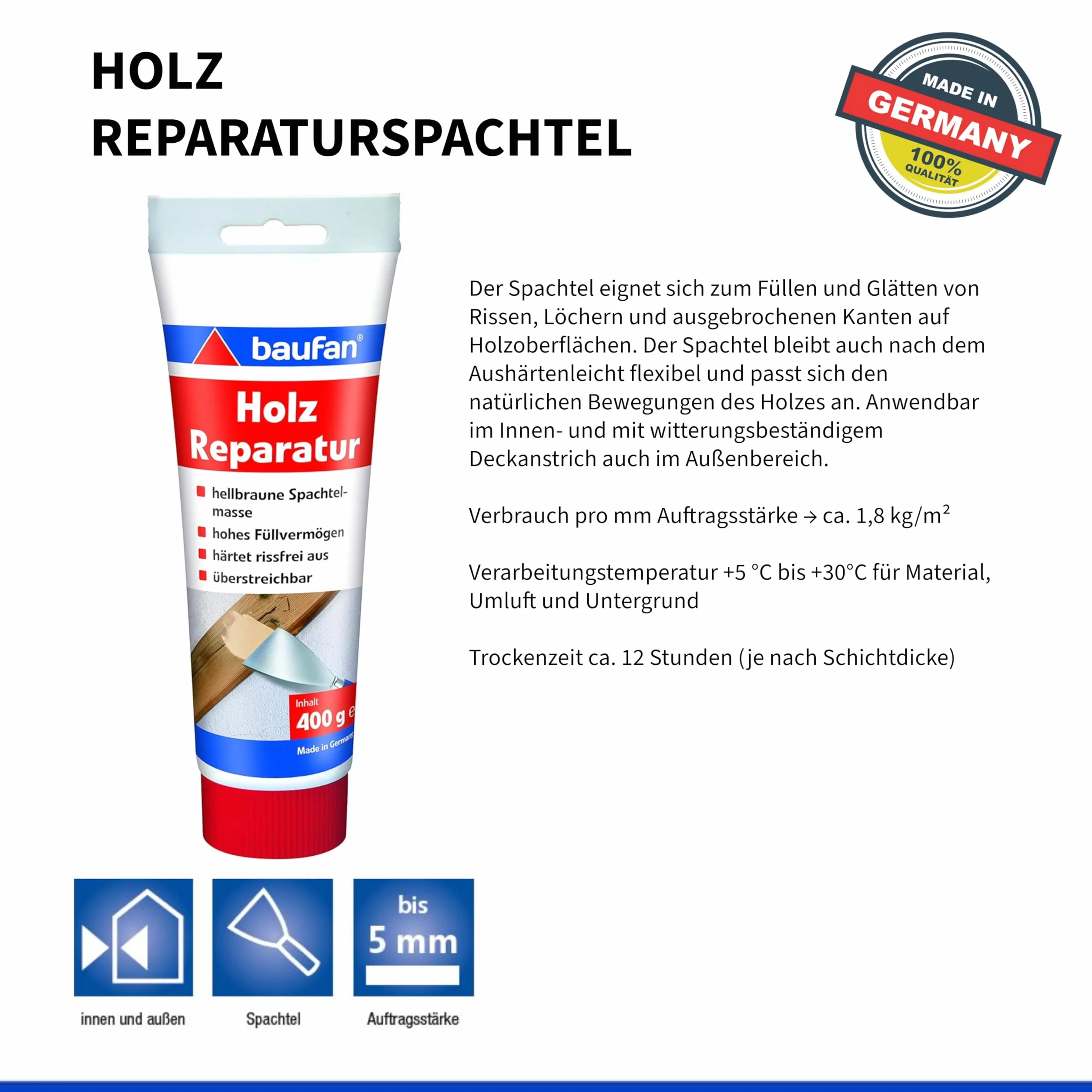 Baufan Enduit Rebouche Bois - Brun Clair, 400g I Mastic Réparation Prêt à l'Emploi pour Fissures, Trous, Défauts I Pâte à Bois Peut Être Peint