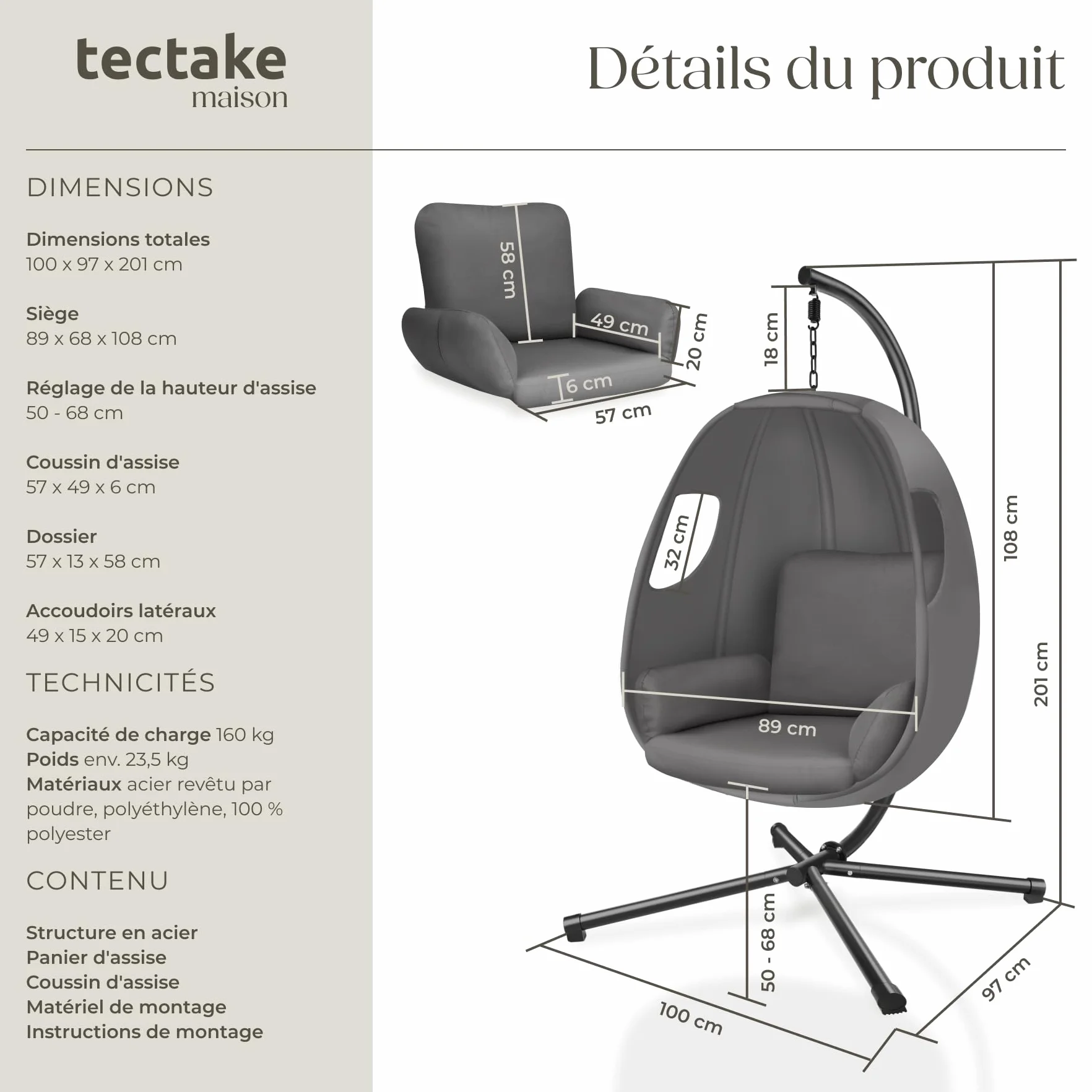 Tectake Fauteuil Suspendu Oeuf Acier Résistant aux Intempéries 160 kg avec Coussins et Housse